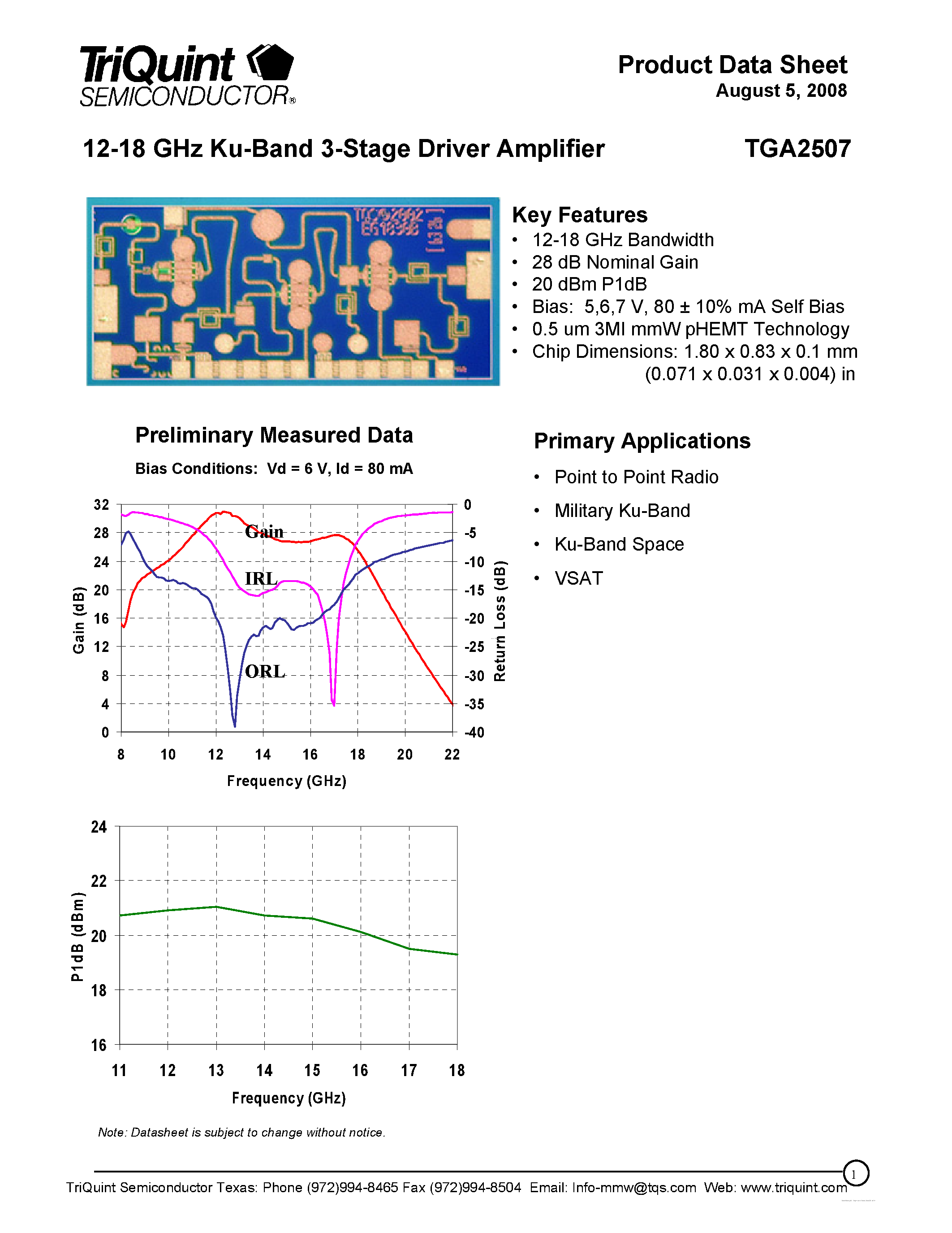 Datasheet TGA2507 - 12-18 GHz Ku-Band 3-Stage Driver Amplifier page 1
