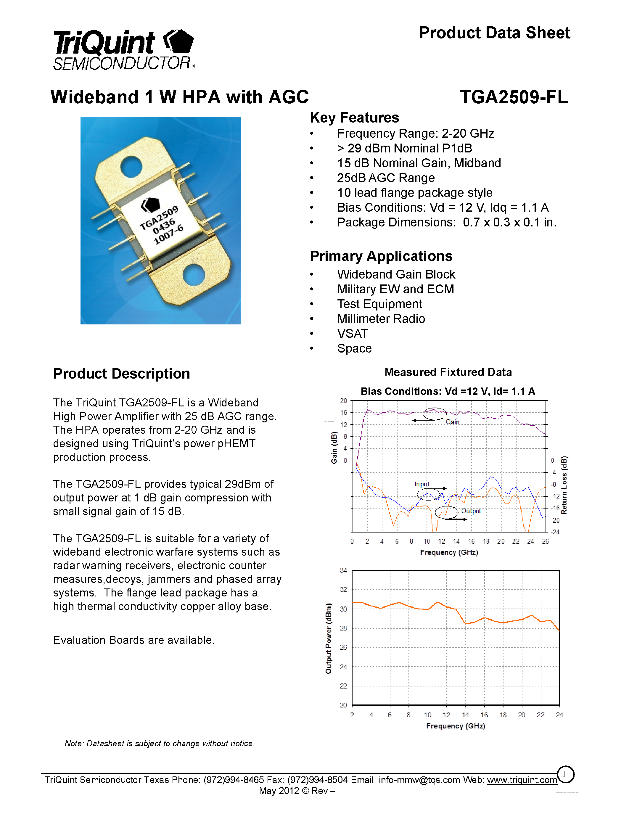 Даташит на микросхему TGA2509-FL страница 1 Даташит TGA2509-FL - Wideband 1 W HPA страница 1