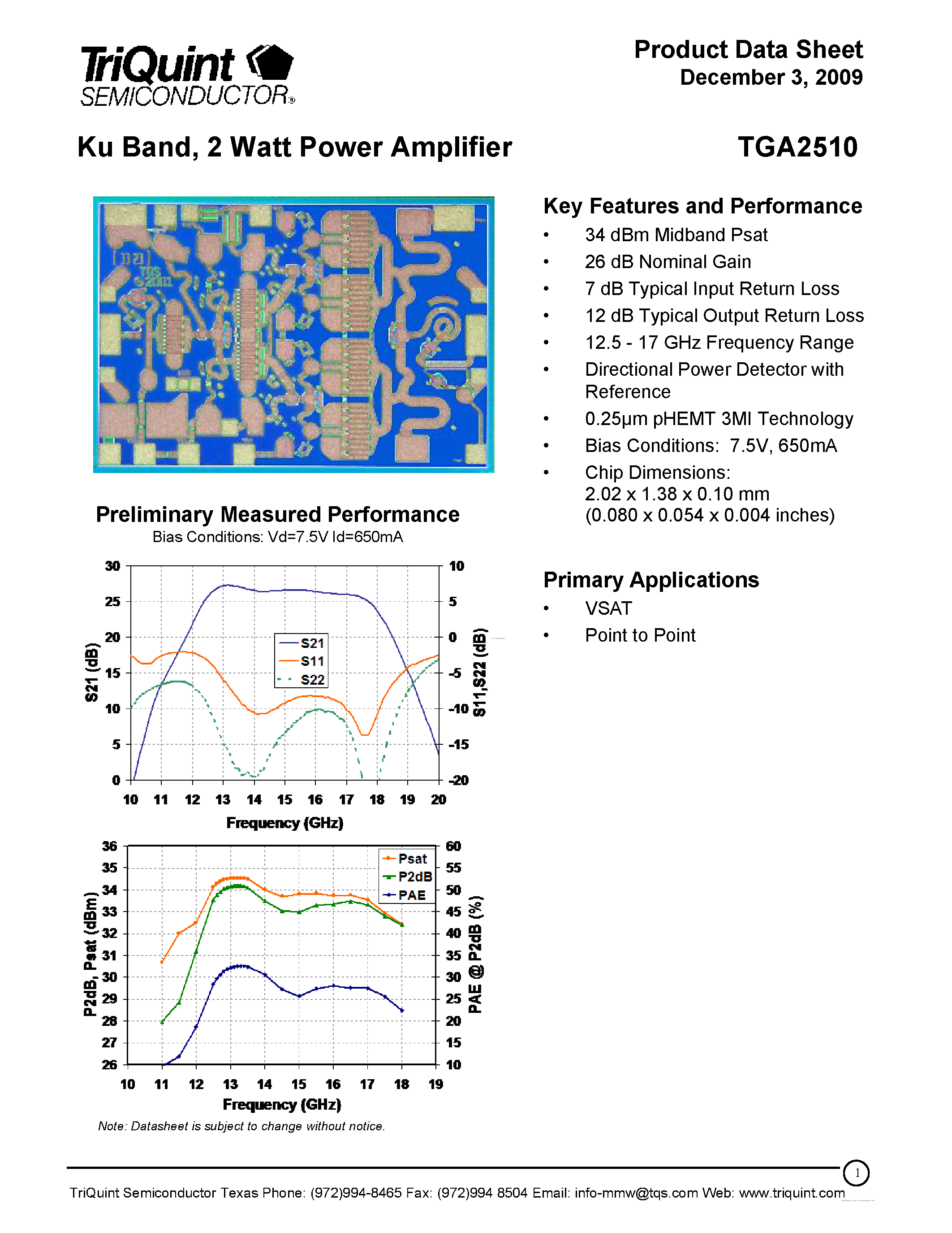 Даташит на микросхему TGA2510 страница 1 Даташит TGA2510 - 2 Watt Power Amplifier страница 1