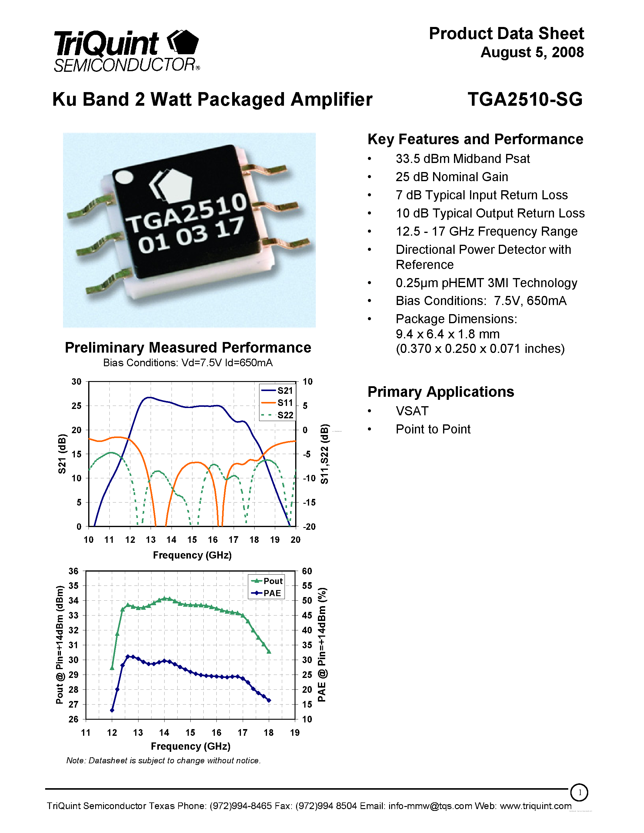 Datasheet TGA2510-SG - Ku Band 2 Watt Packaged Amplifier page 1