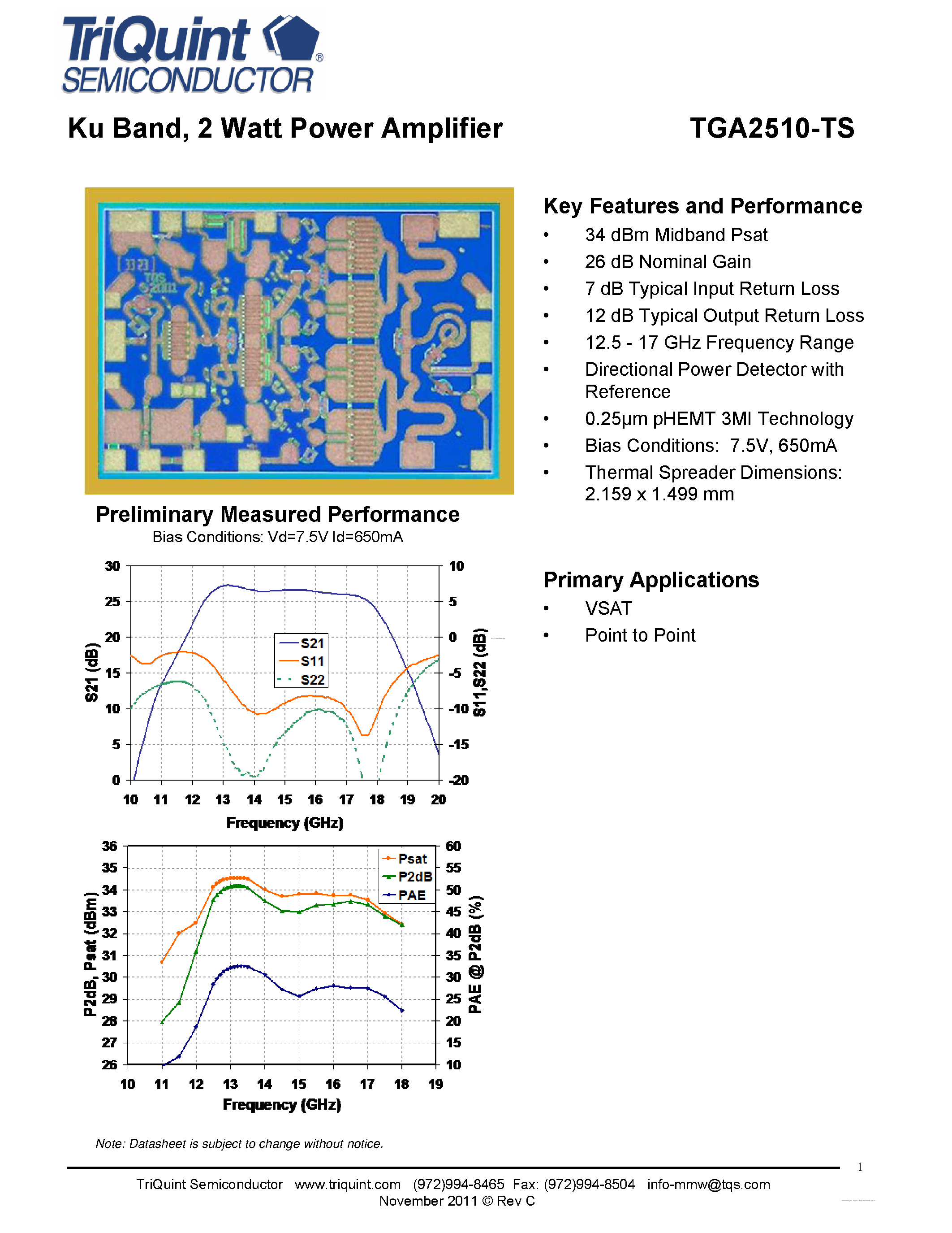 Datasheet TGA2510-TS - 2 Watt Power Amplifier page 1