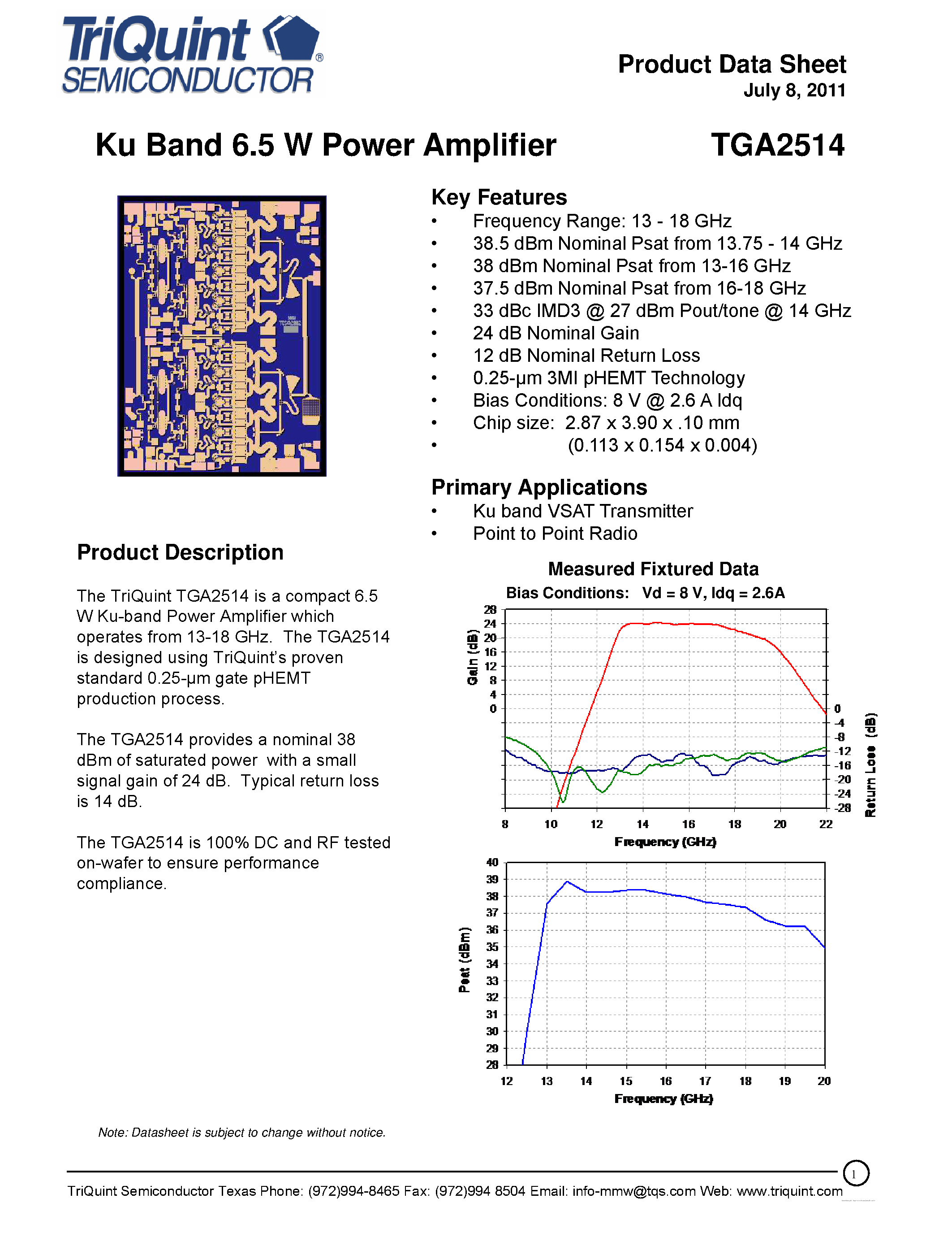 Datasheet TGA2514 - Ku Band 6.5 W Power Amplifier page 1