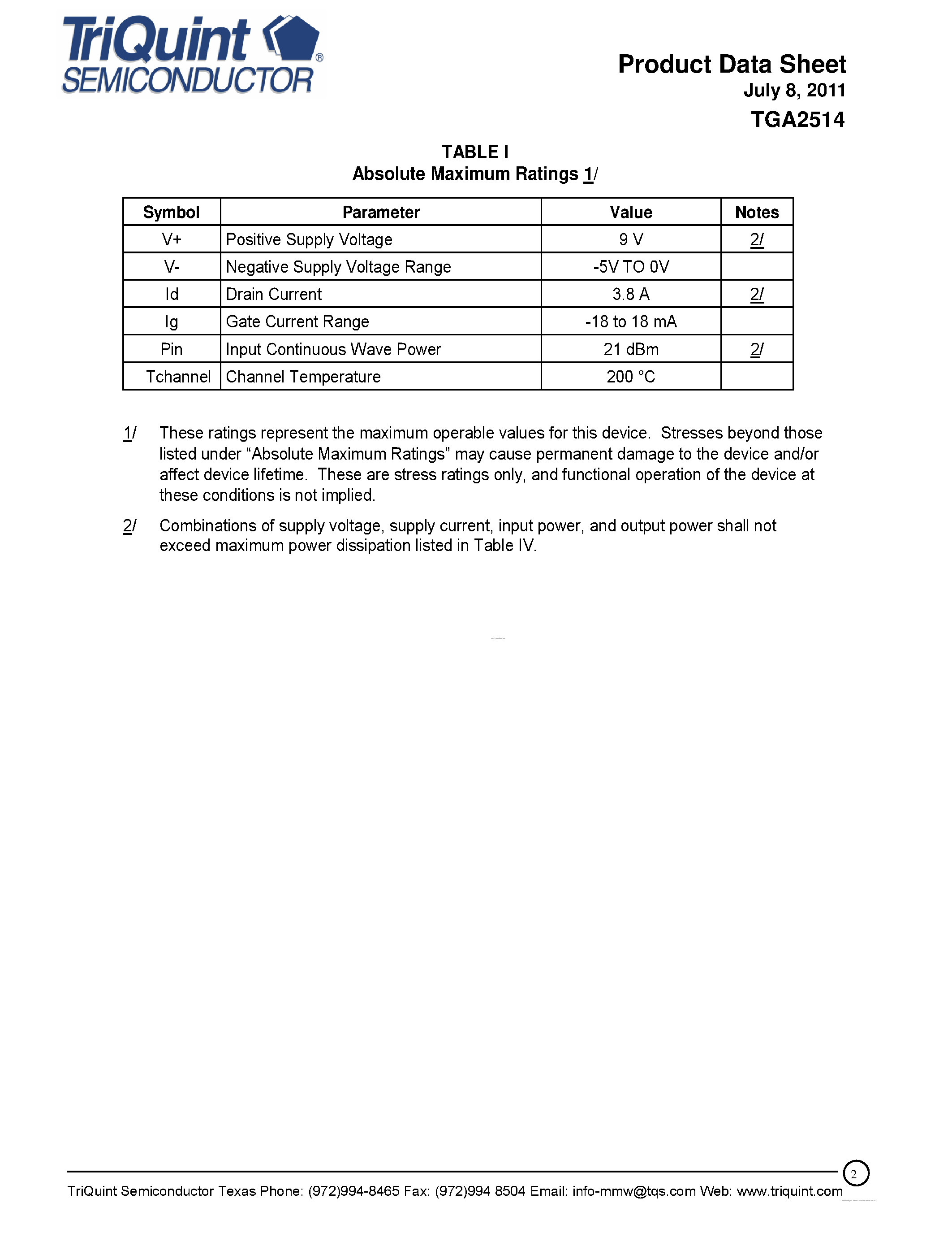 Datasheet TGA2514 - Ku Band 6.5 W Power Amplifier page 2