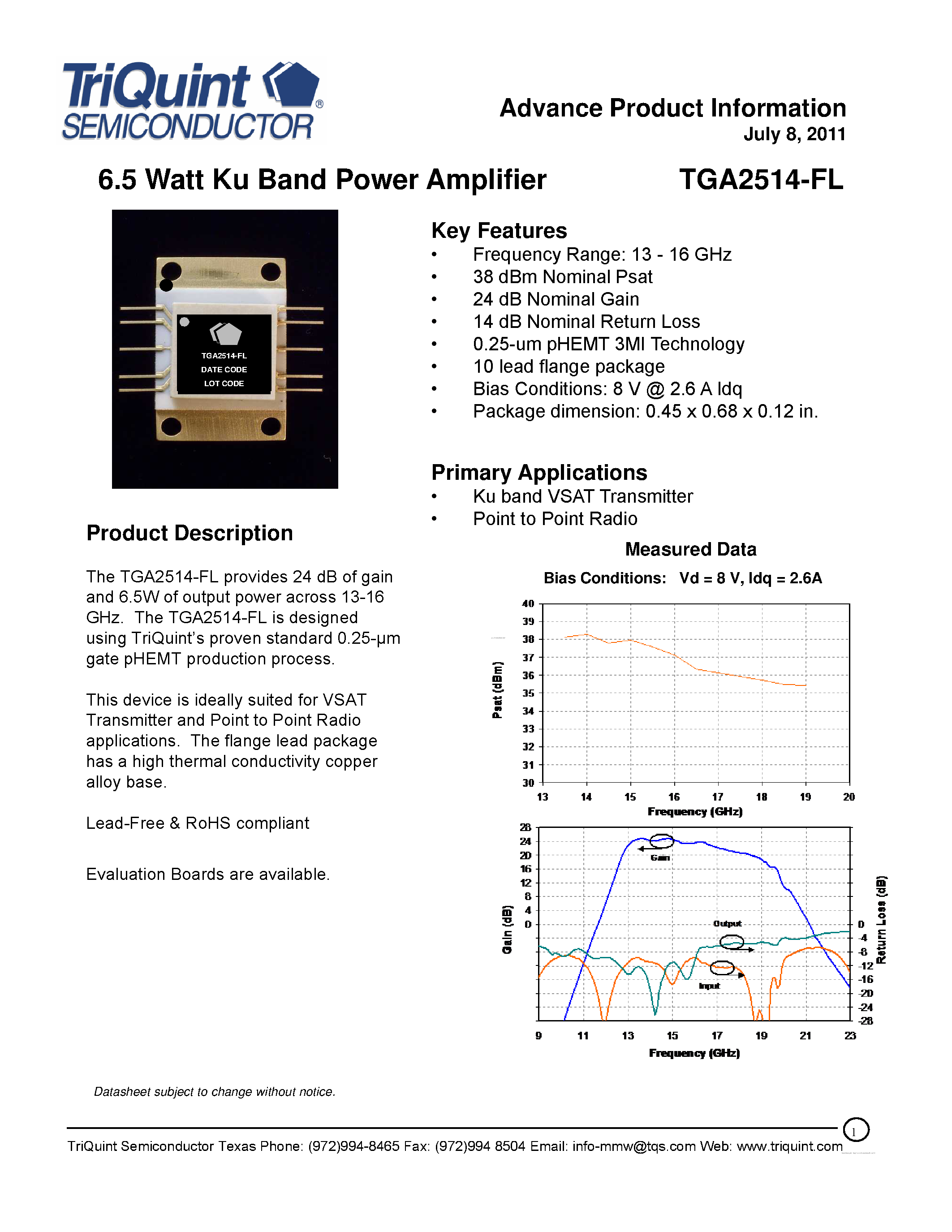 Datasheet TGA2514-FL - 6.5 Watt Ku Band Power Amplifier page 1