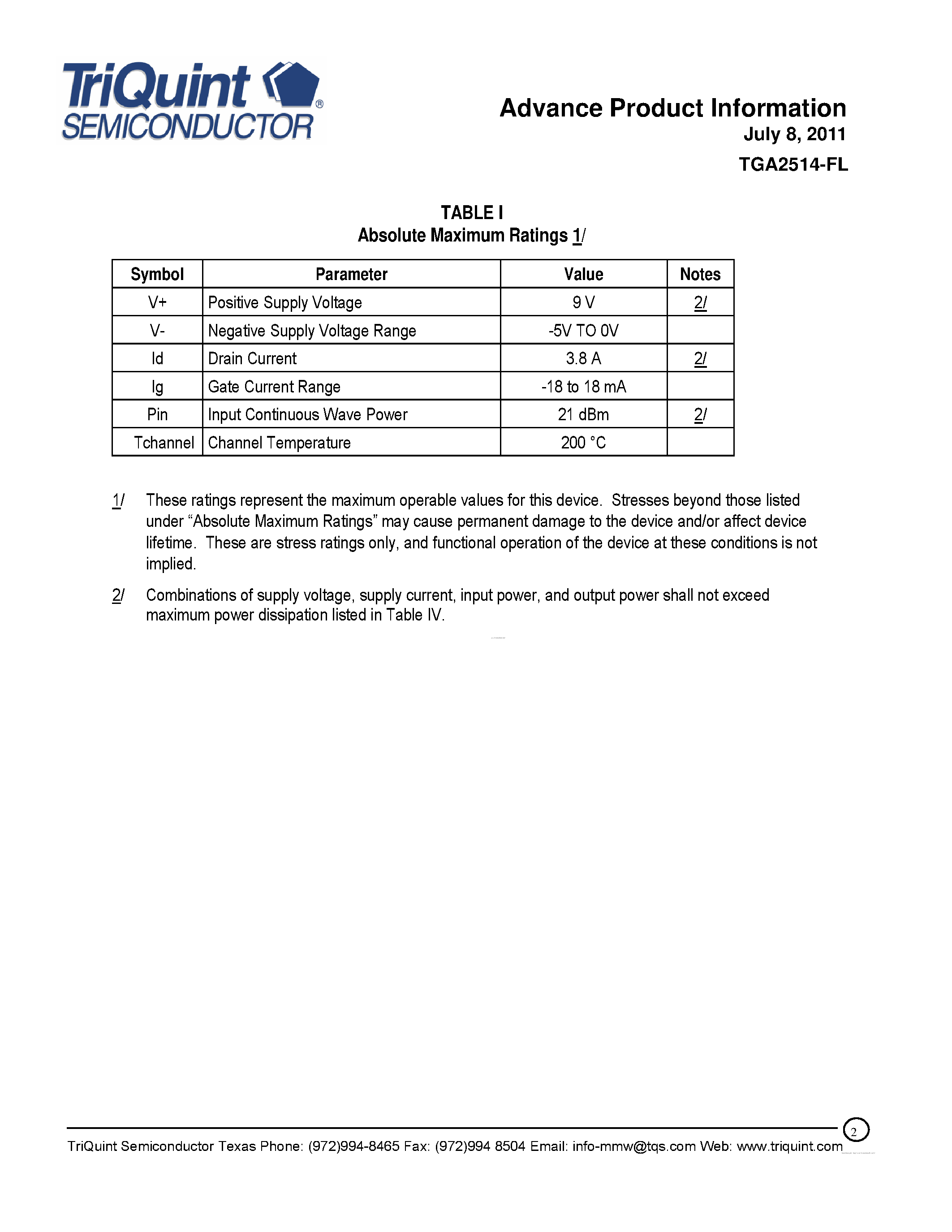 Datasheet TGA2514-FL - 6.5 Watt Ku Band Power Amplifier page 2