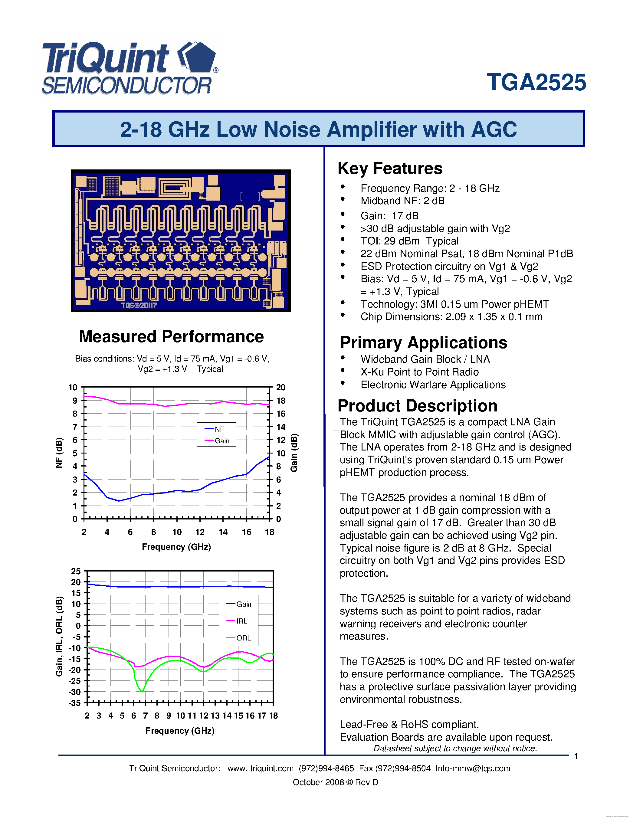 Datasheet TGA2525 page 1 Datasheet TGA2525 - 2-18 GHz Low Noise Amplifier page 1