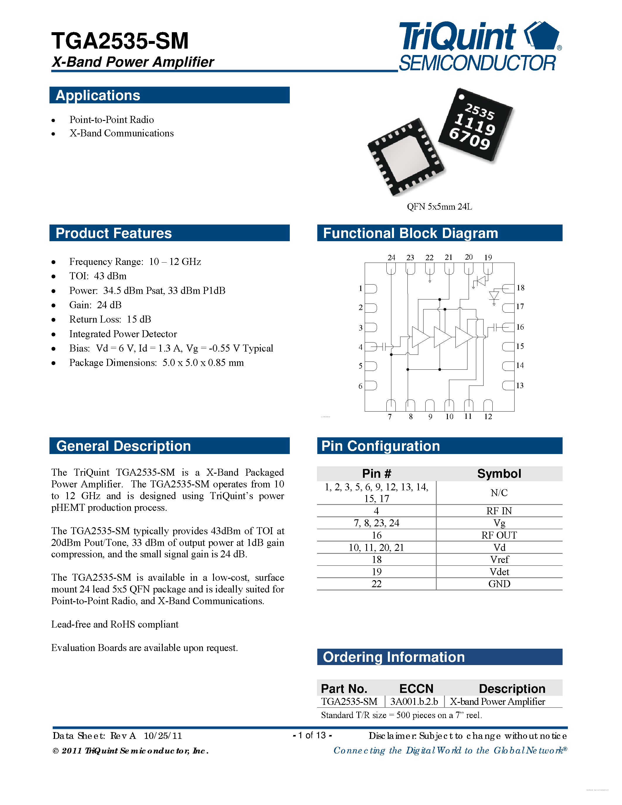 Даташит TGA2535-SM - X-Band Power Amplifier страница 1