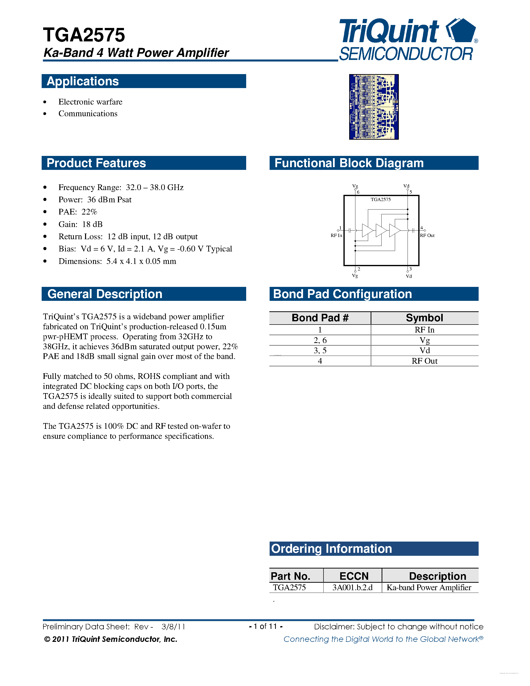 Datasheet TGA2575 - Ka-Band 4 Watt Power Amplifier page 1