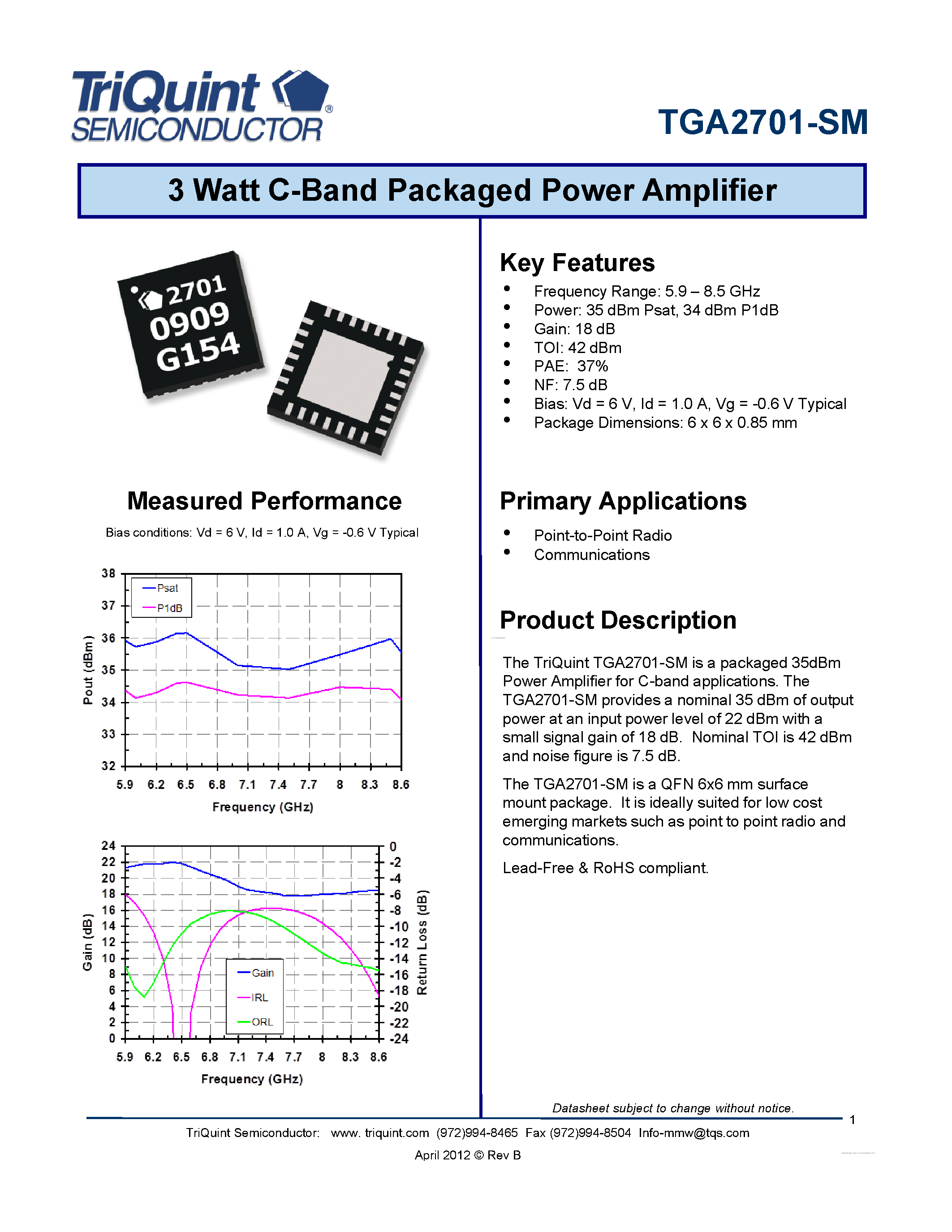 Даташит TGA2701-SM - 3 Watt C-Band Packaged Power Amplifier страница 1