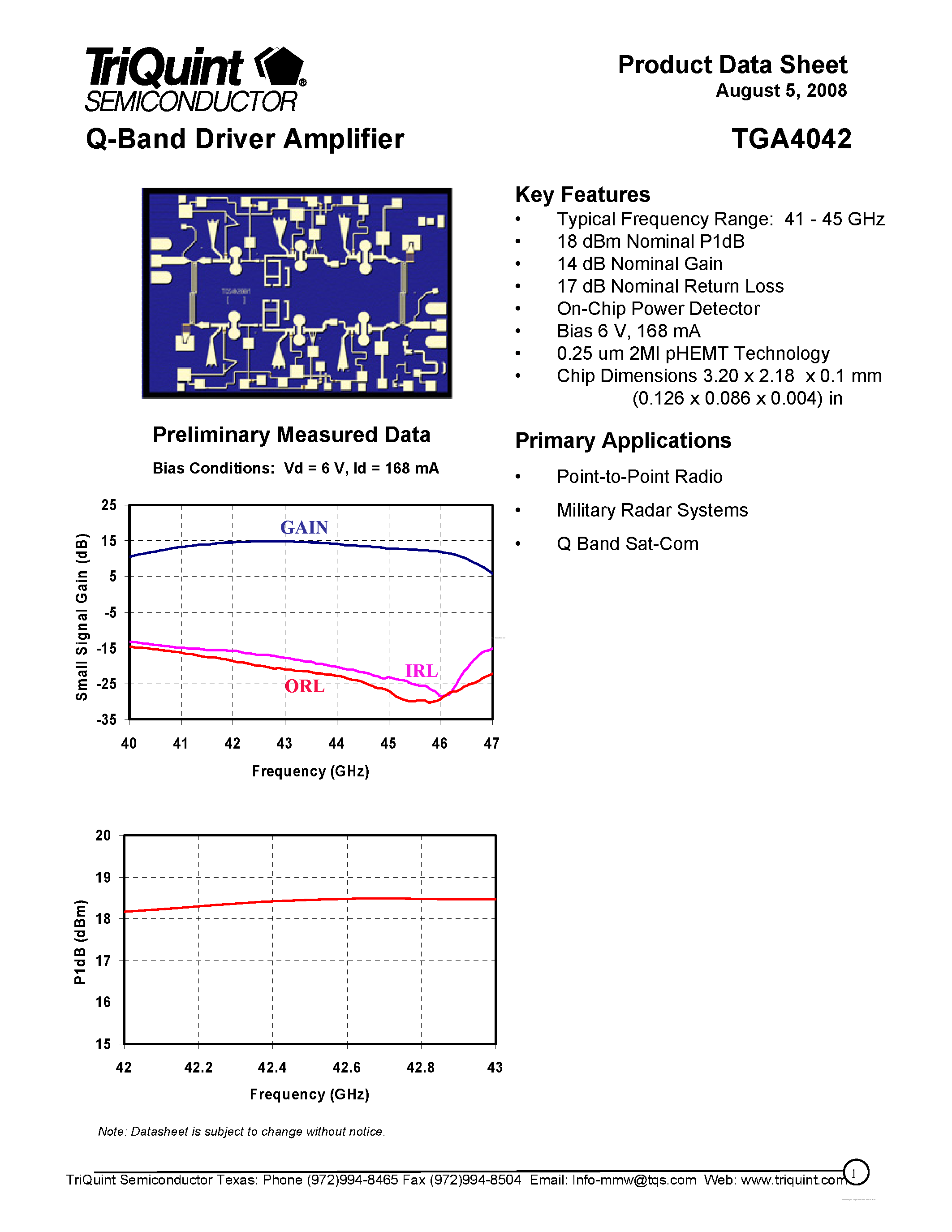 Даташит на микросхему TGA4042 страница 1 Даташит TGA4042 - Q-Band Driver Amplifier страница 1