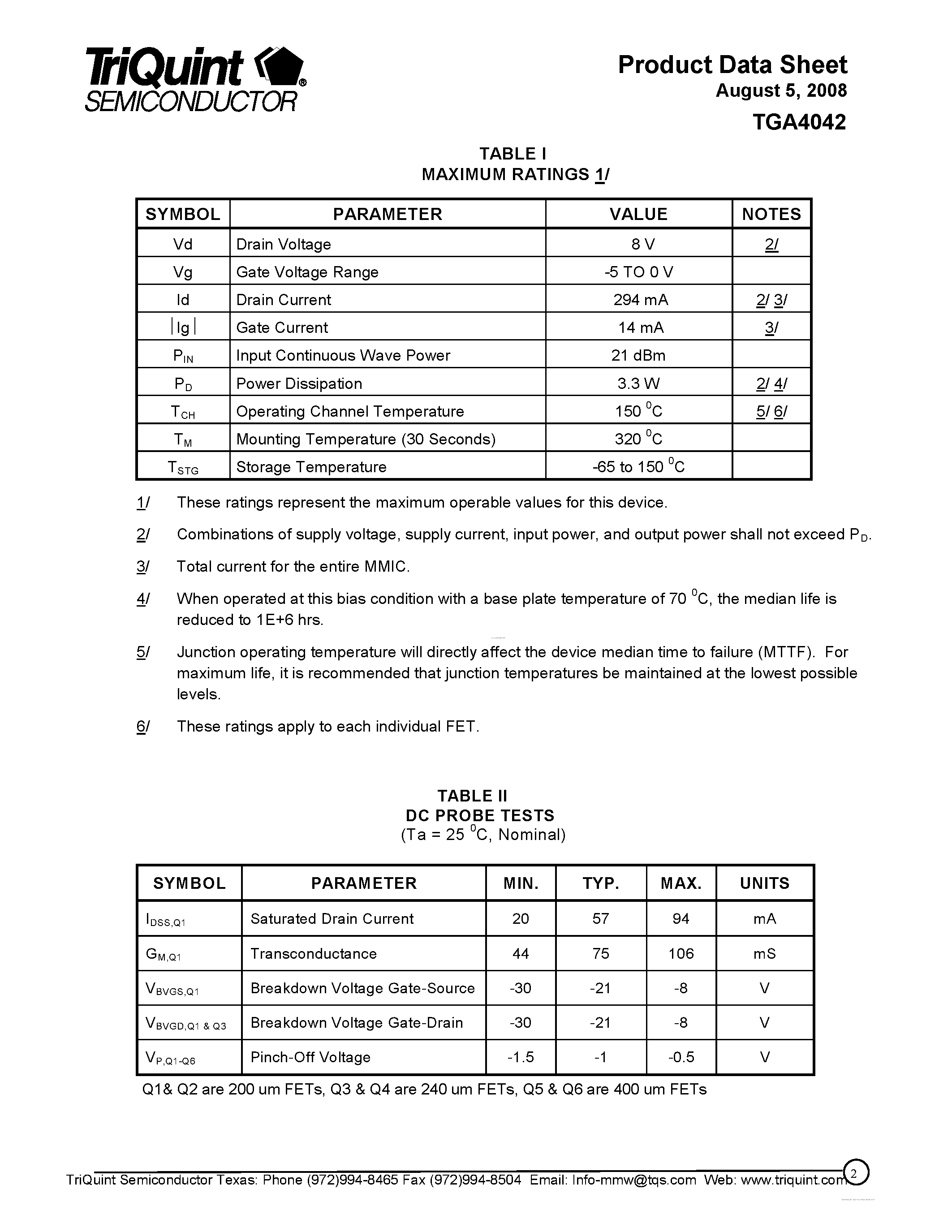 Даташит на микросхему TGA4042 страница 2 Даташит TGA4042 - Q-Band Driver Amplifier страница 2