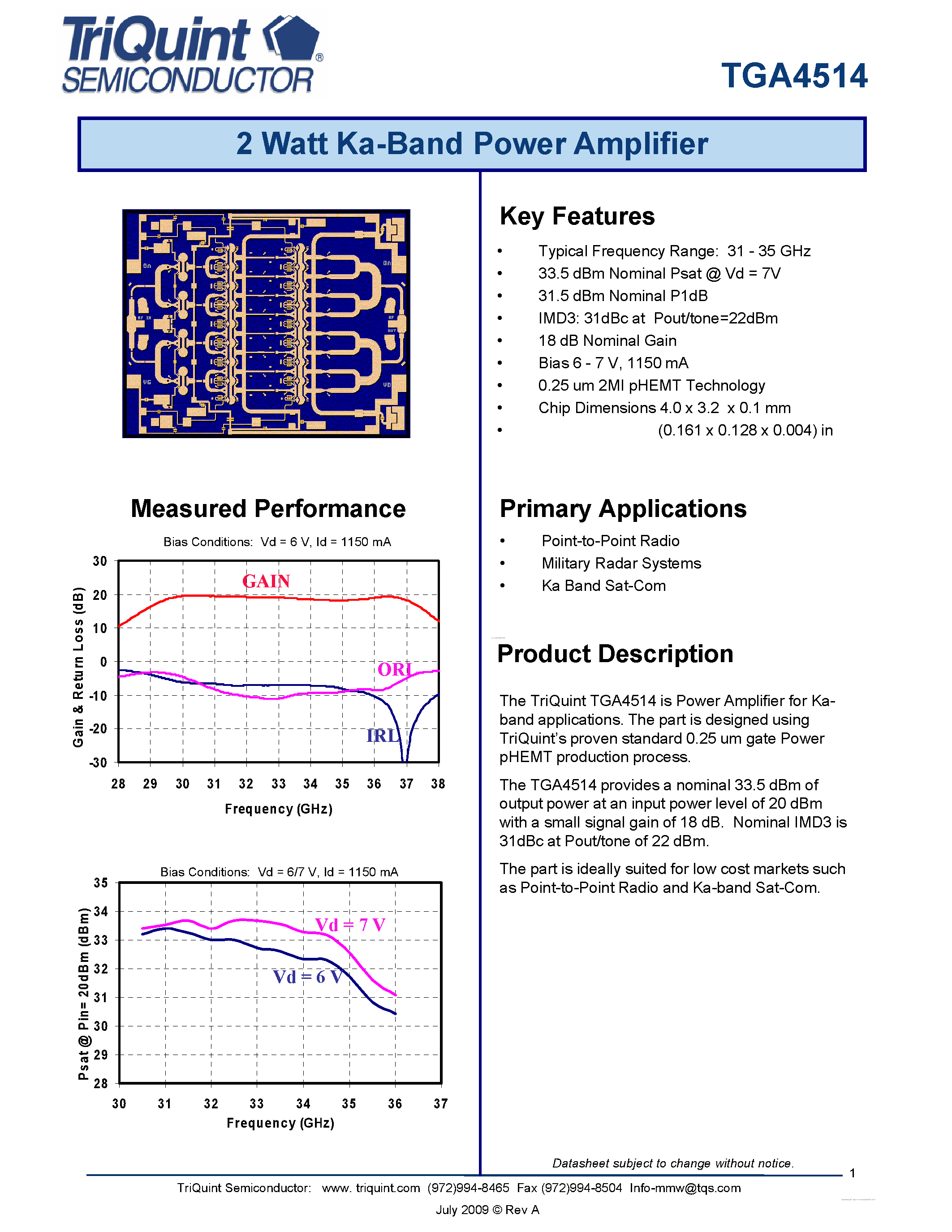 Datasheet TGA4514 - 2 Watt Ka-Band Power Amplifier page 1