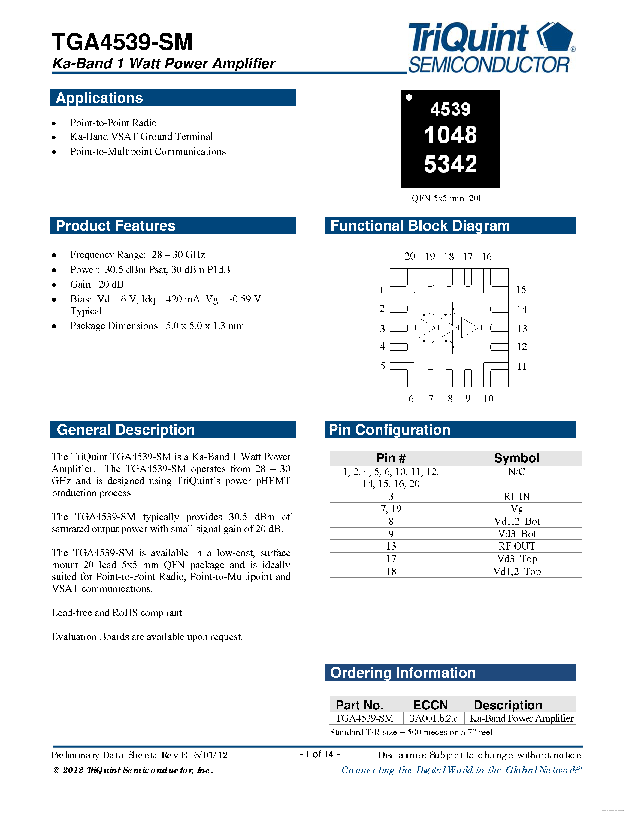 Datasheet TGA4539-SM - 1 Watt Ka Band Power Amplifier page 1