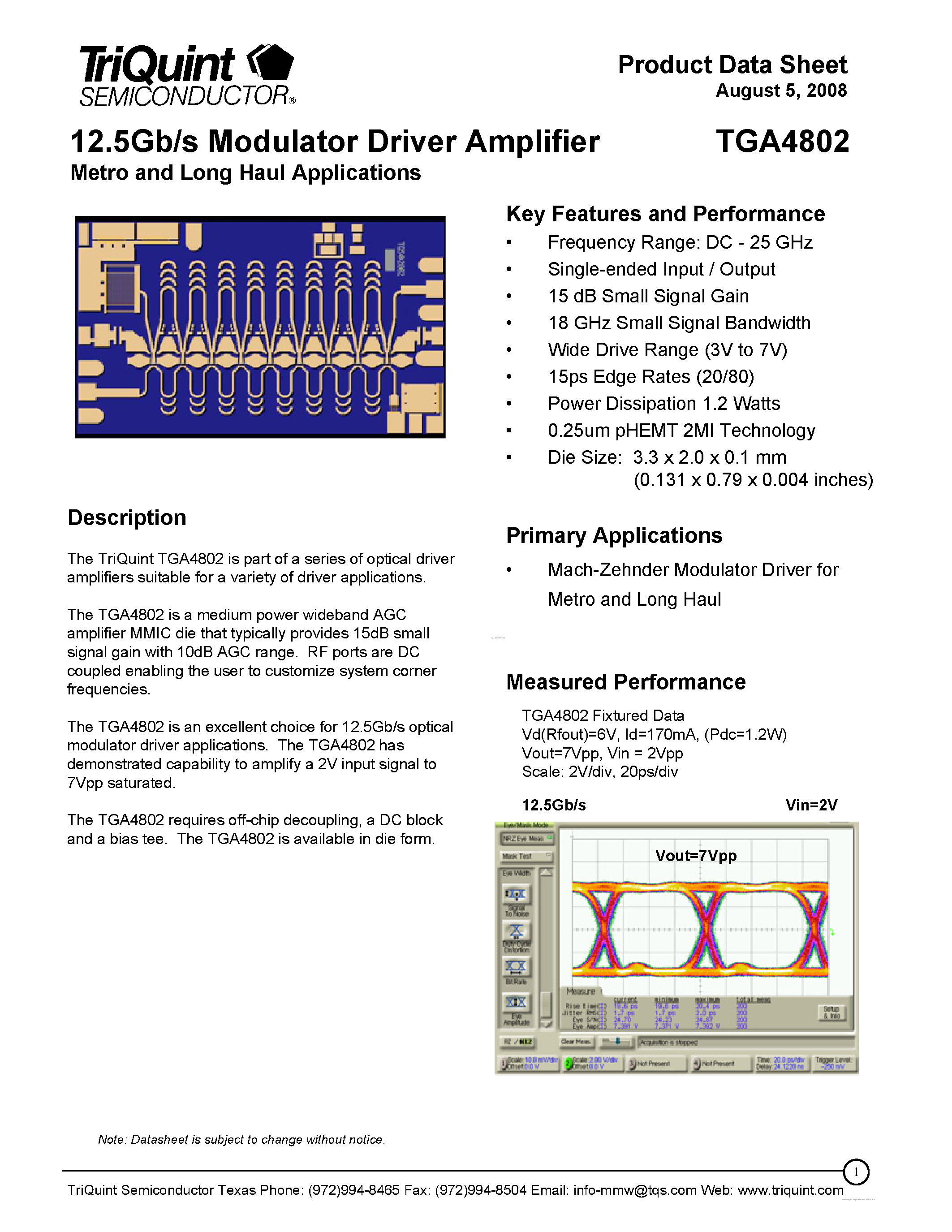 Datasheet TGA4802 - 12.5 Gb/s IRZ Modulator Driver page 1