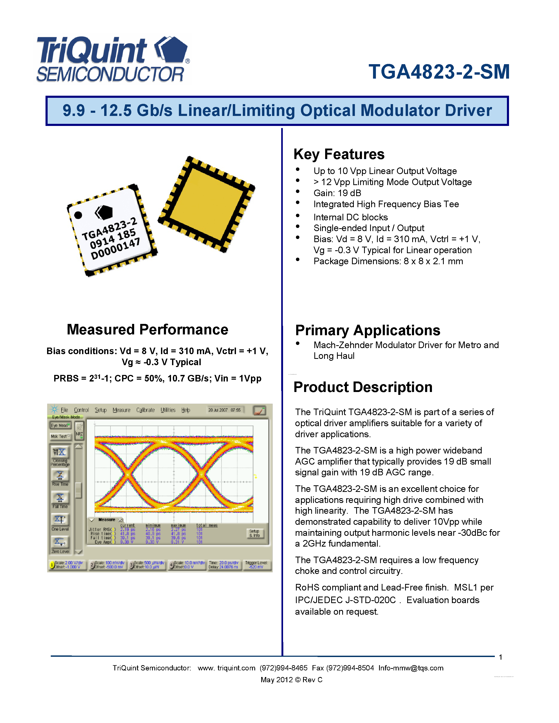 Даташит TGA4823-2-SM - 9.9 - 12.5 Gb/s Linear/Limiting Optical Modulator Driver страница 1