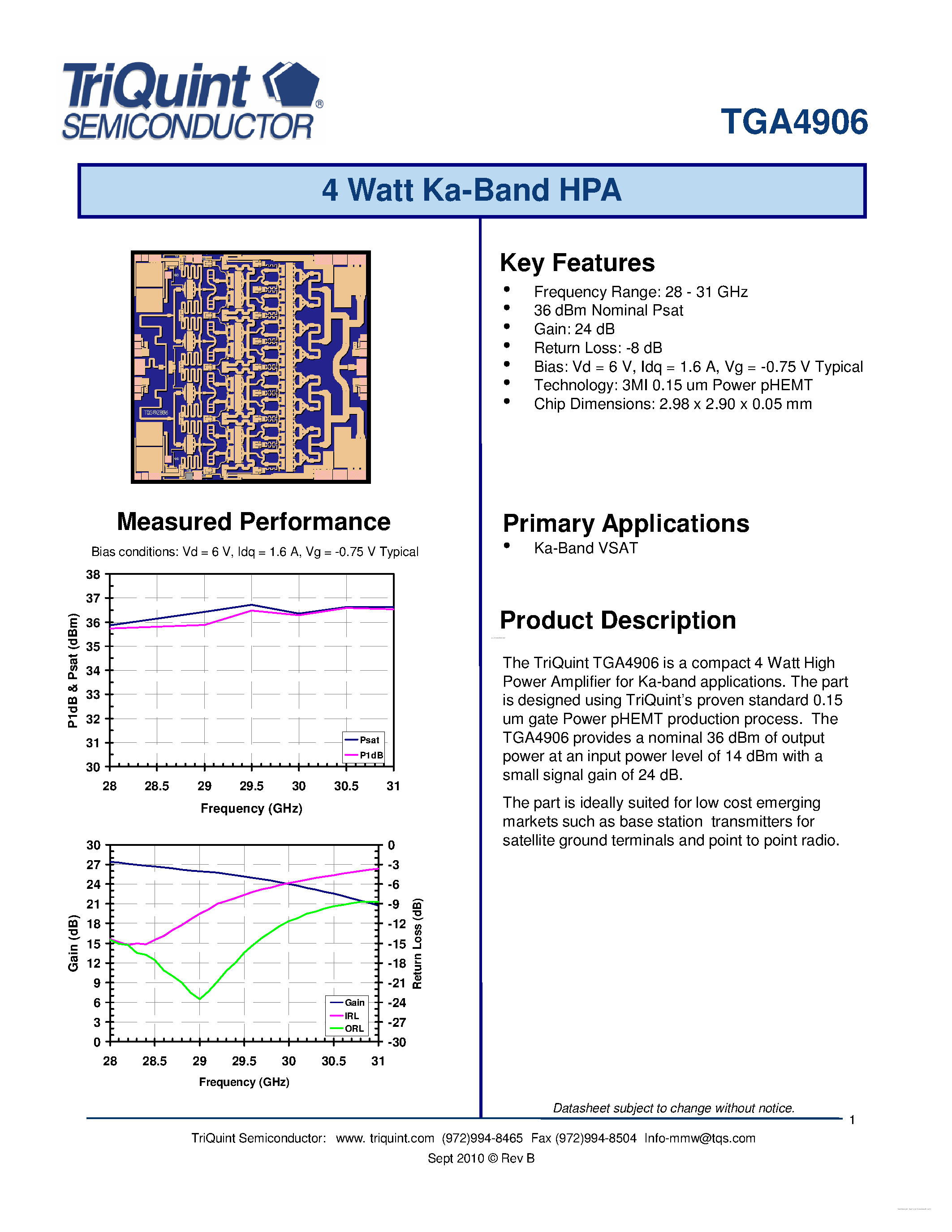 Datasheet TGA4906 - 4 Watt Ka Band High Power Amplifier page 1