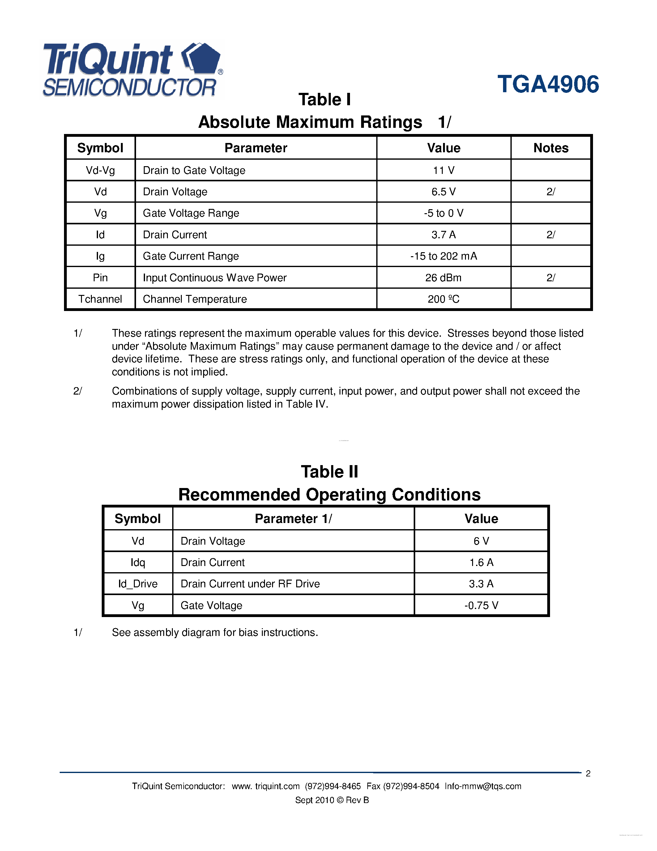 Datasheet TGA4906 - 4 Watt Ka Band High Power Amplifier page 2