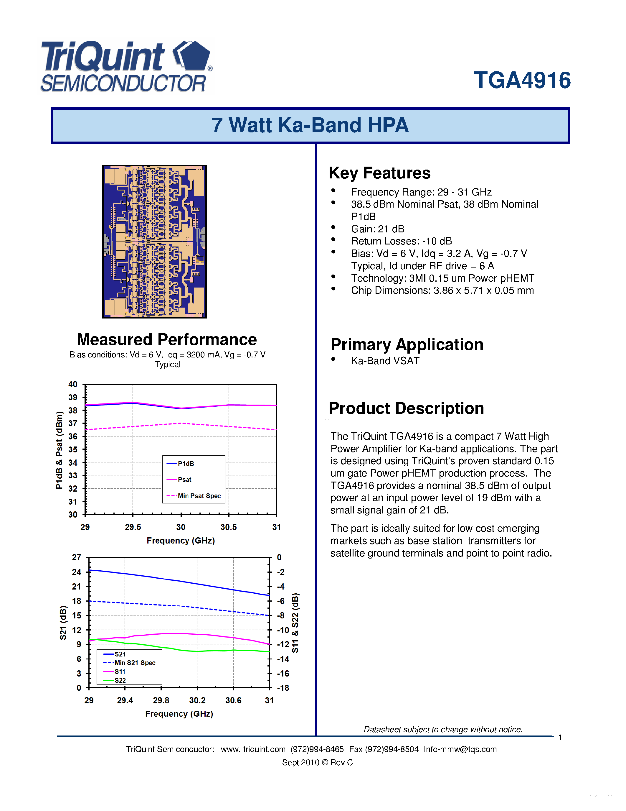 Datasheet TGA4916 - 7 Watt Ka Band High Power Amplifier page 1