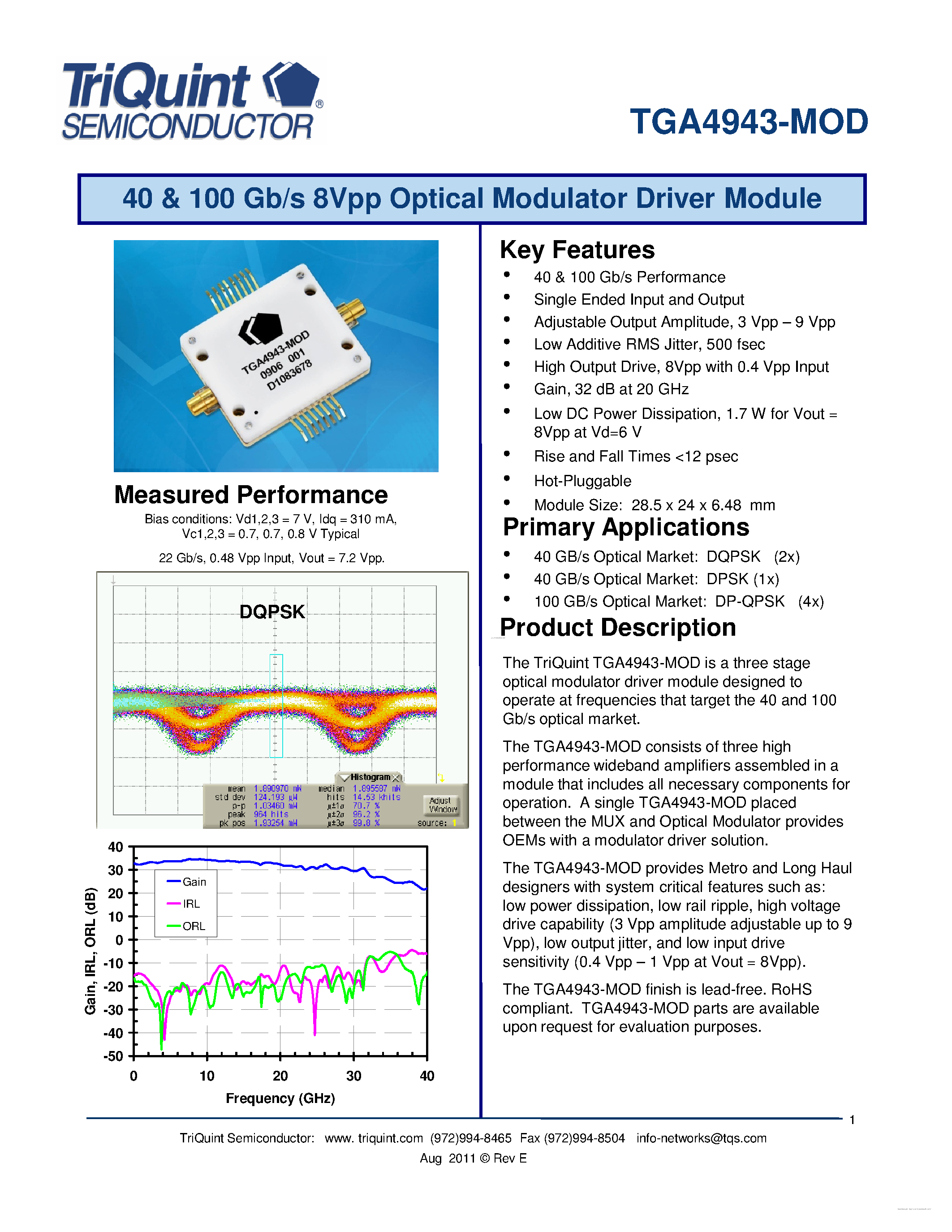 Datasheet TGA4943-MOD - 40 & 100 Gb/s 8 Vpp Optical Modulator Driver Module page 1