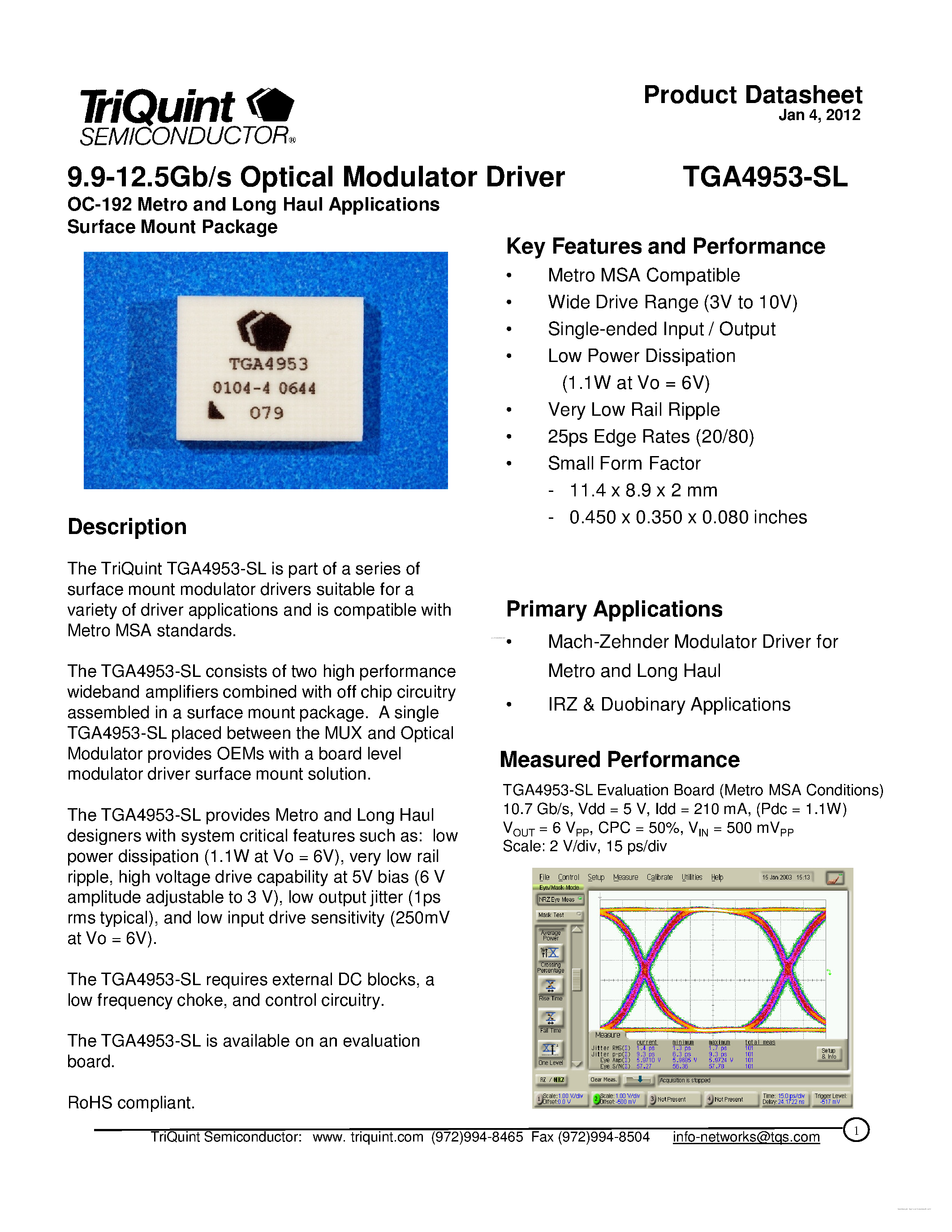Даташит TGA4953-SL - 9.9 - 12.5 Gb/s OC-192 Modulator страница 1