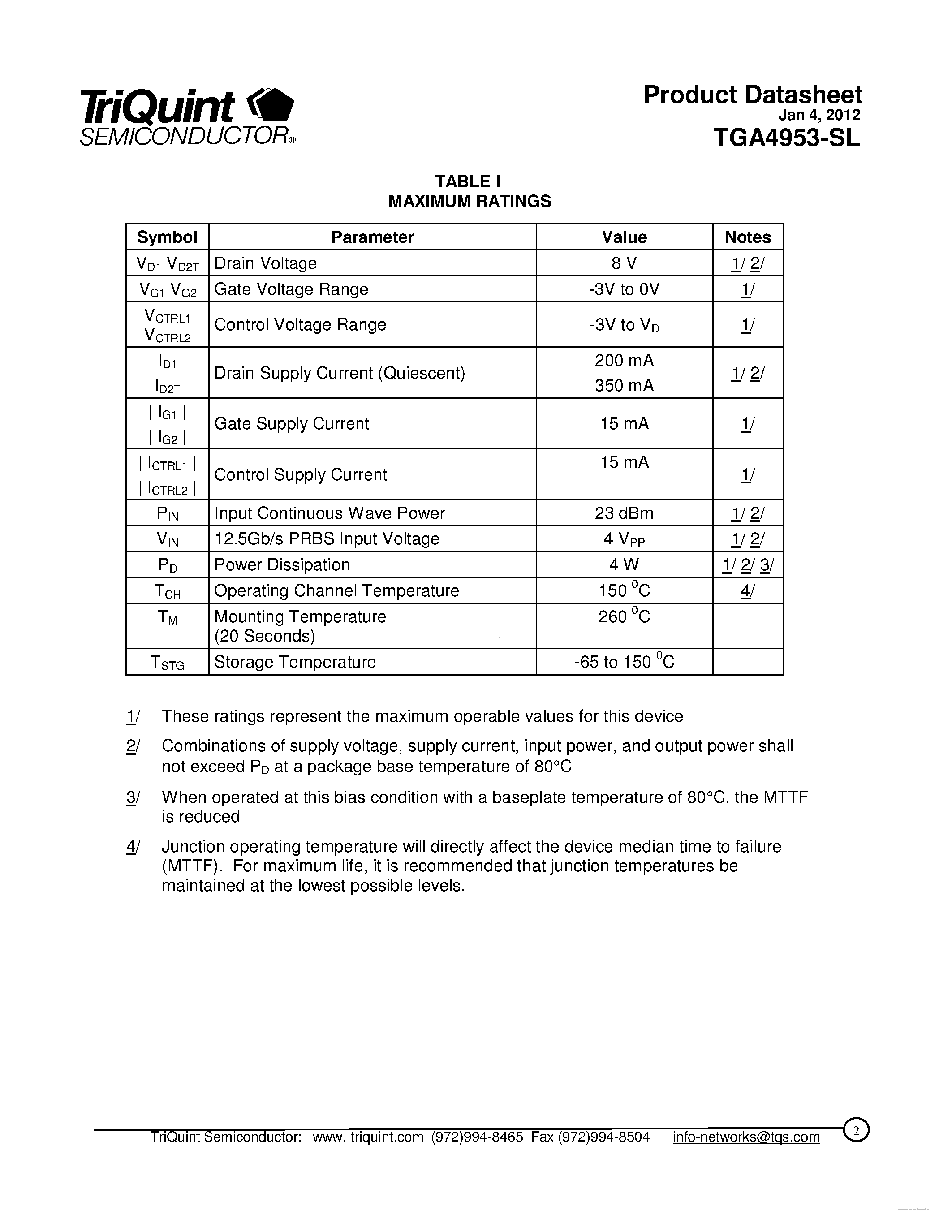 Даташит TGA4953-SL - 9.9 - 12.5 Gb/s OC-192 Modulator страница 2
