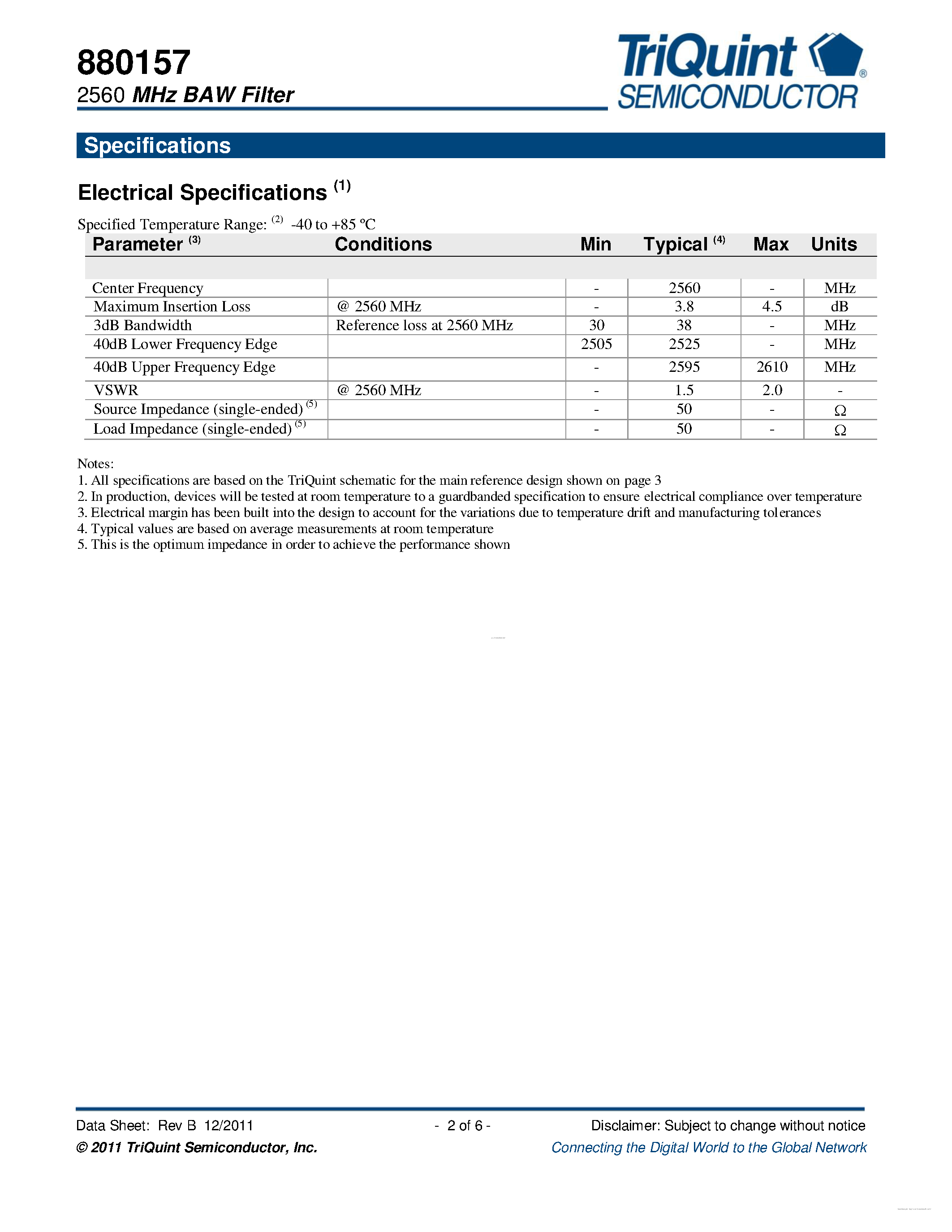 Даташит 880157 - 2560 MHz S-Band BAW Filter страница 2