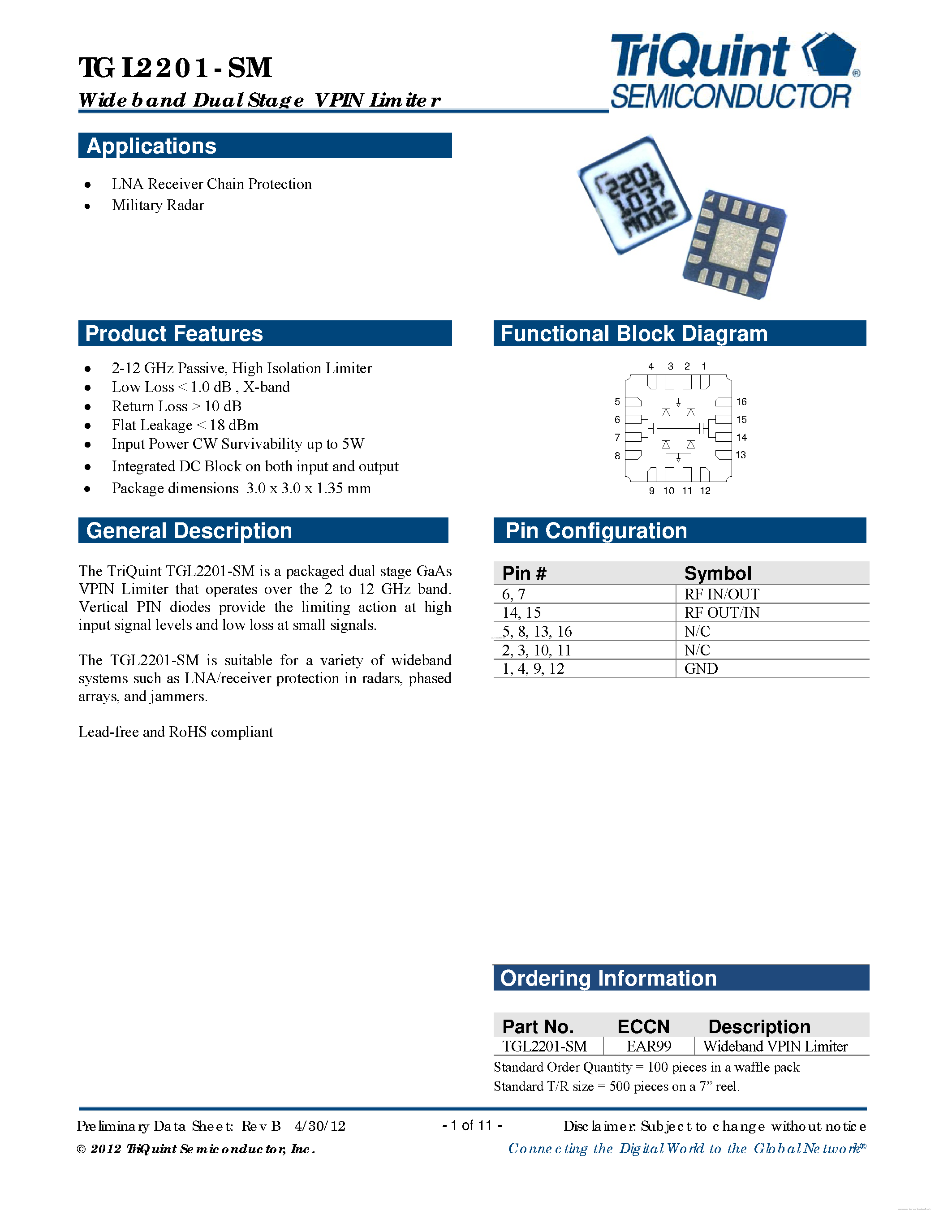 Даташит на микросхему TGL2201-SM страница 1 Даташит TGL2201-SM - Wideband Dual-Stage VPIN Limiter страница 1
