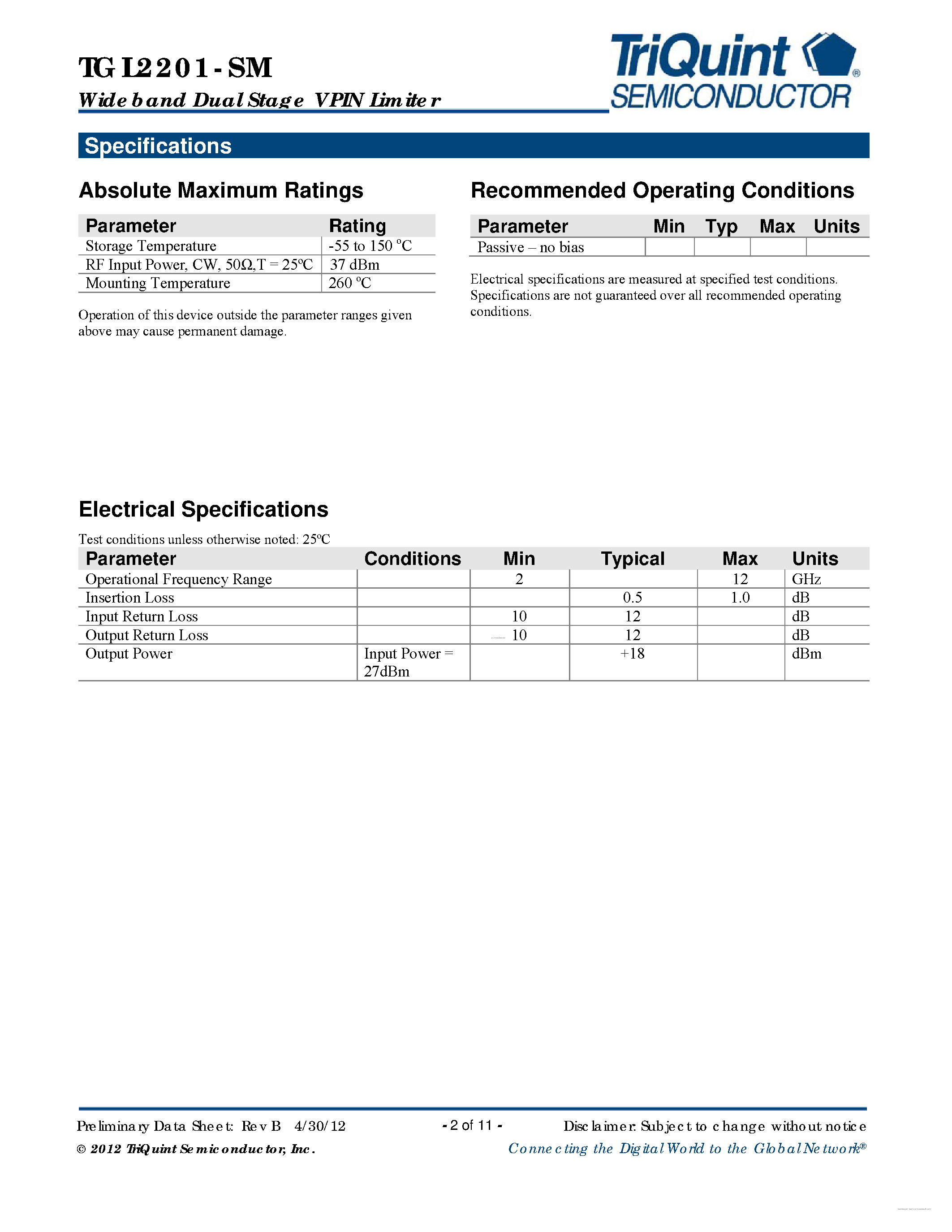 Даташит на микросхему TGL2201-SM страница 2 Даташит TGL2201-SM - Wideband Dual-Stage VPIN Limiter страница 2