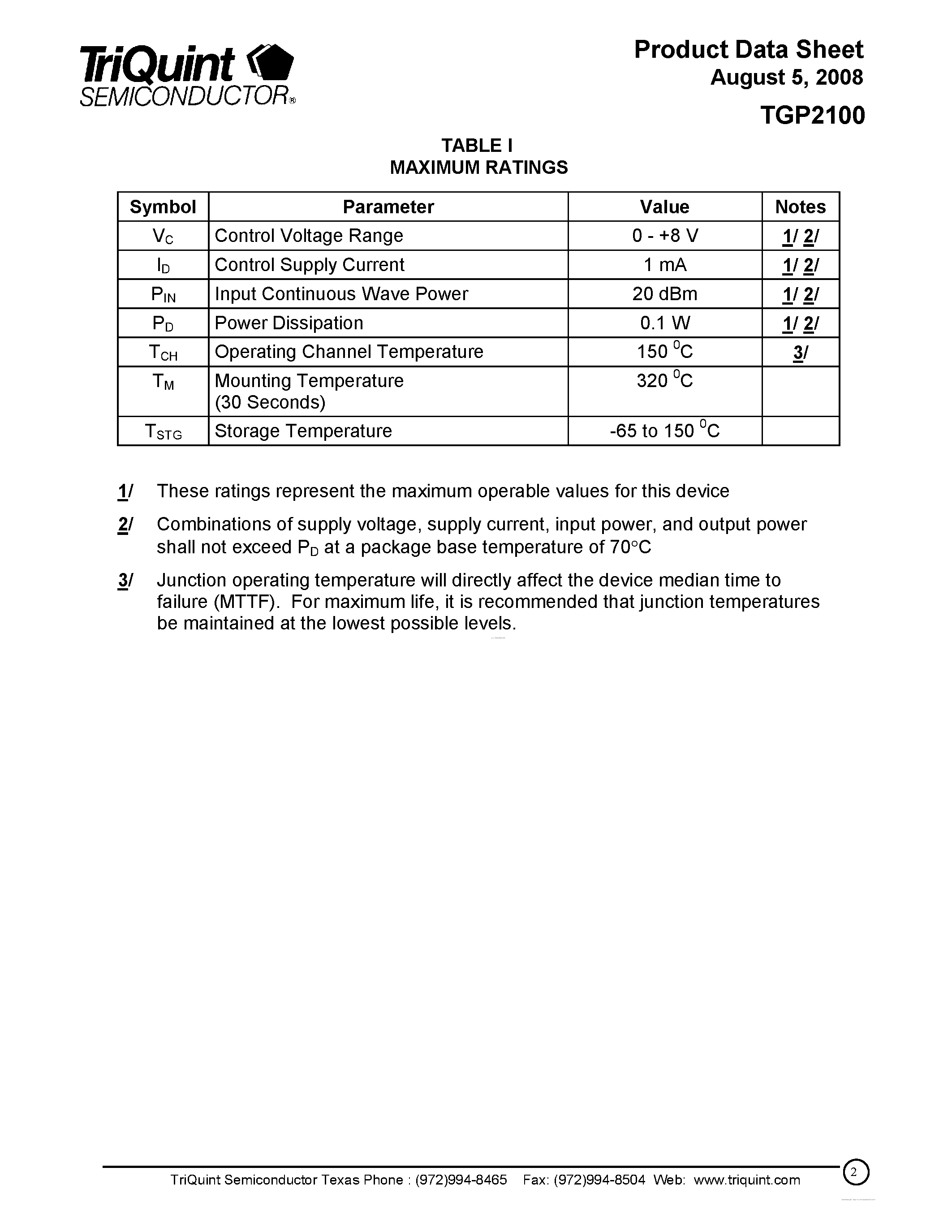 Datasheet TGP2100 - 30 GHz 5-bit Phase Shifter page 2