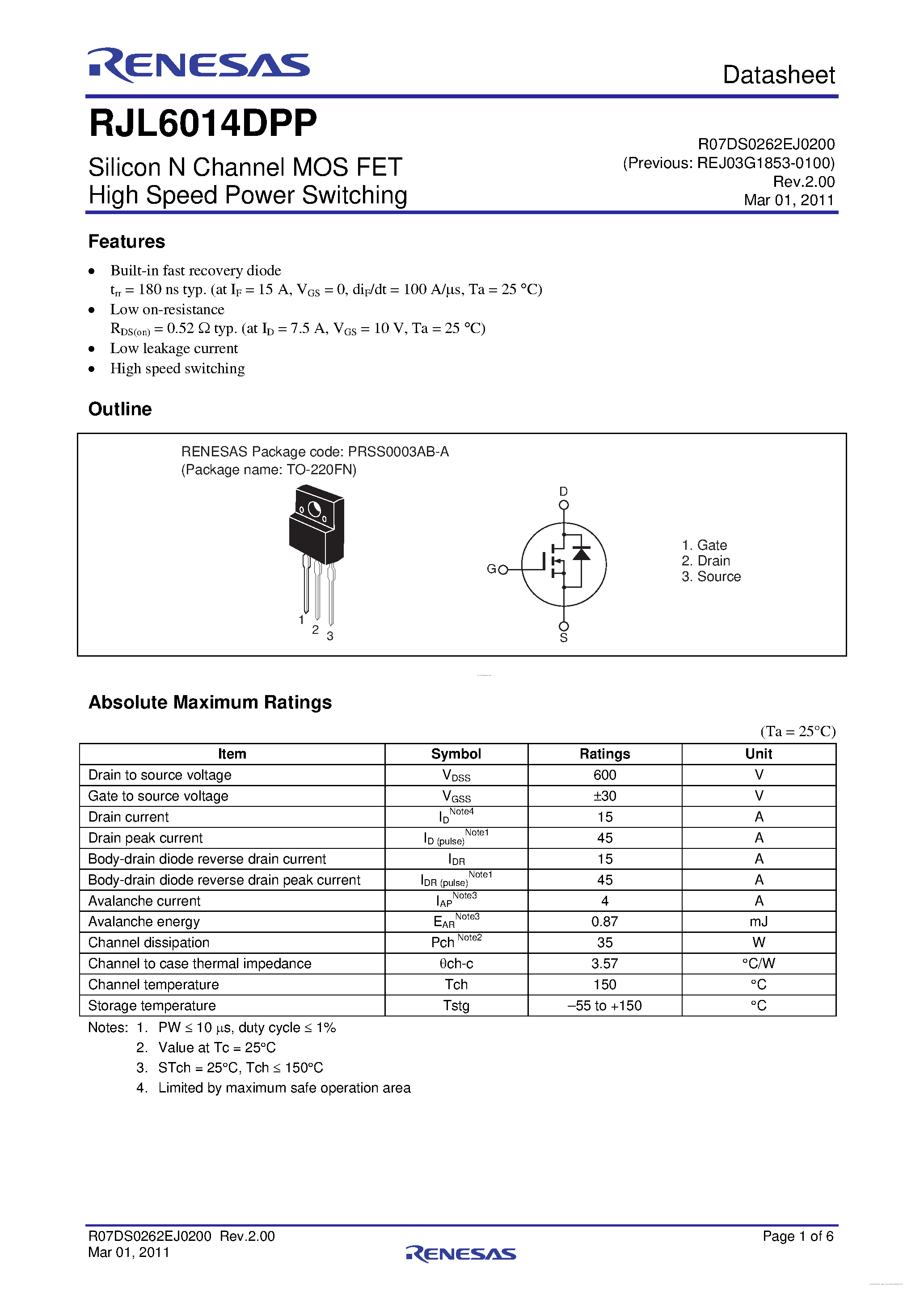 Datasheet RJL6014DPP - Silicon N Channel MOS FET page 1