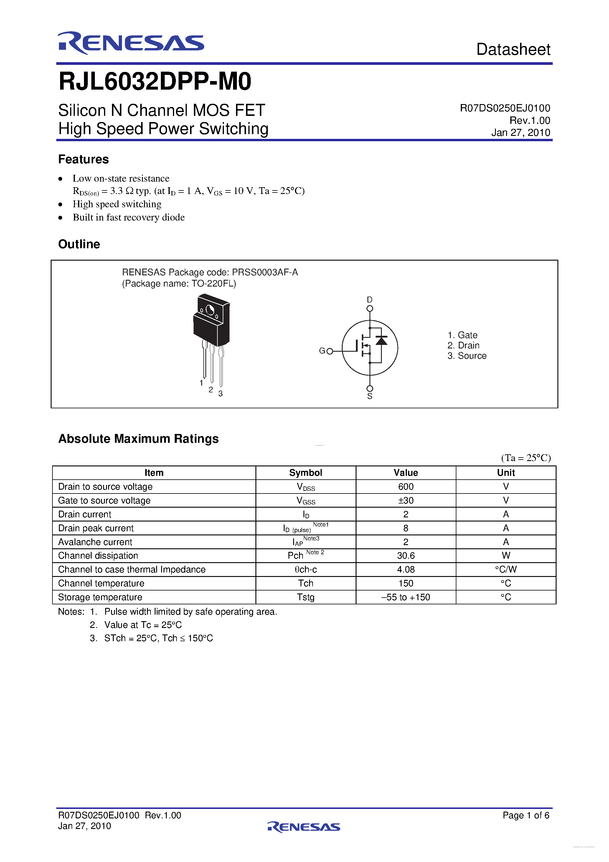 Datasheet RJL6032DPP-M0 - Silicon N Channel MOS FET page 1