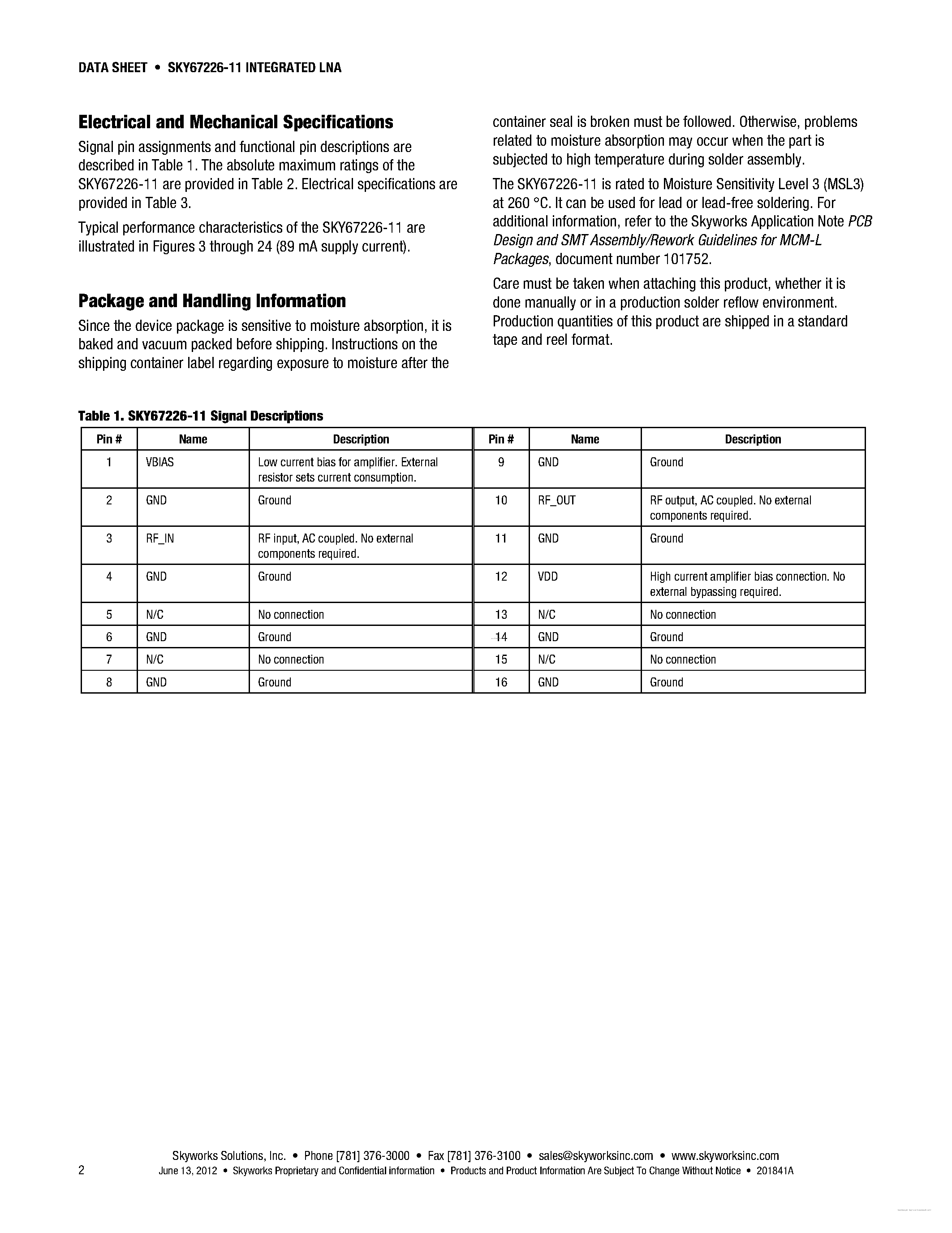 Datasheet SKY67226-11 page 2 Datasheet SKY67226-11 - 2.2-3.0 GHz Integrated Low-Noise Amplifier Module page 2
