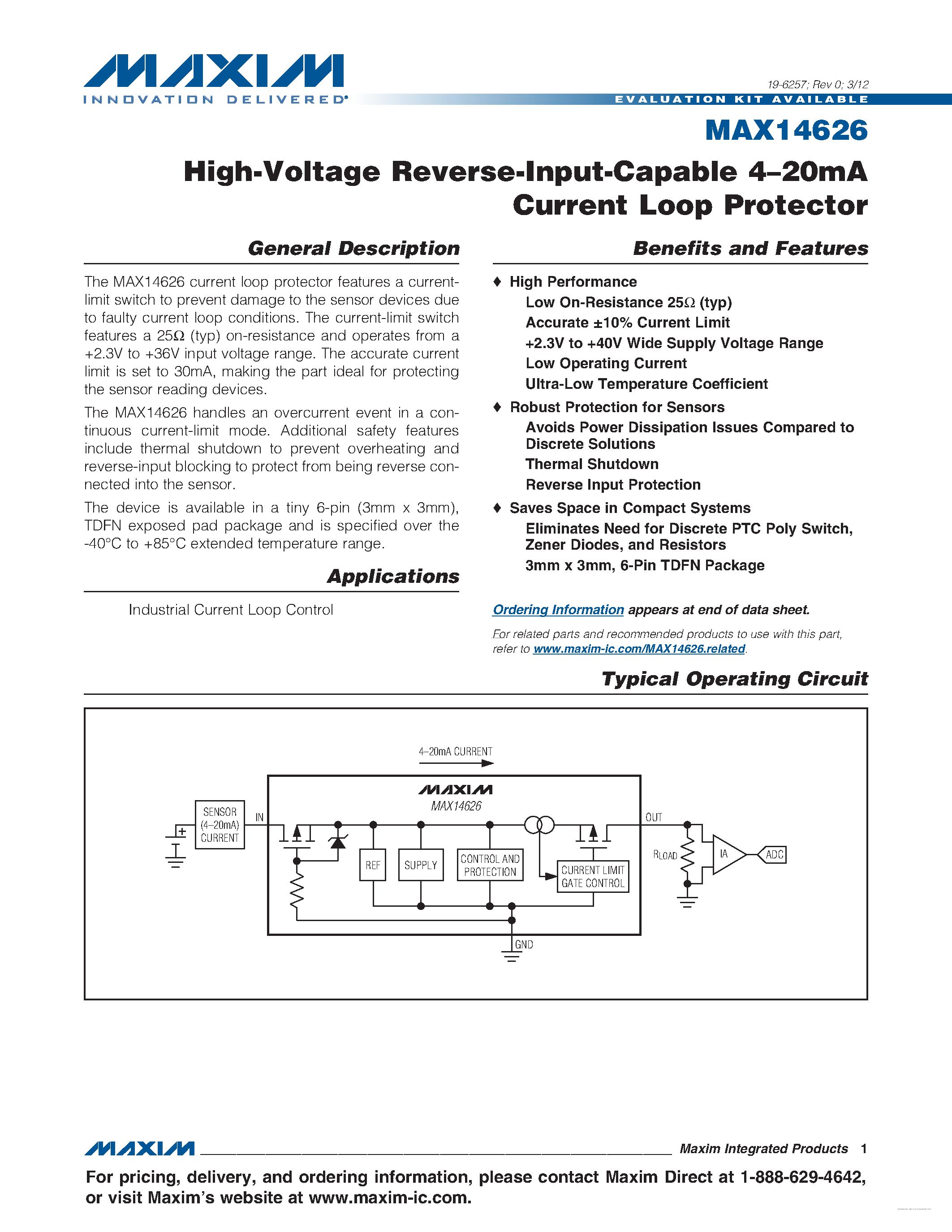 Datasheet MAX14626 - High Voltage Reverse Input Capable 4 - 20mA Current Loop Protector page 1