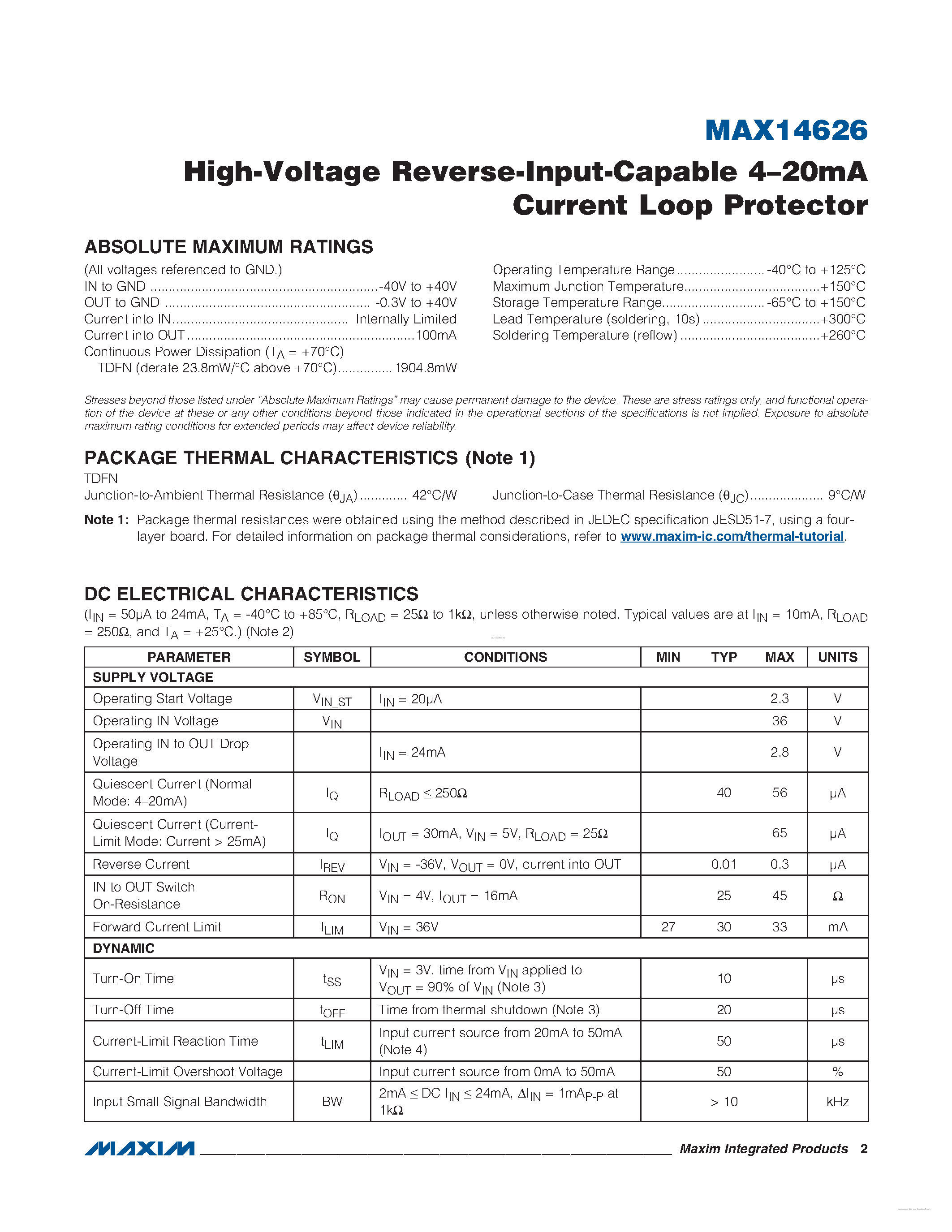Datasheet MAX14626 - High Voltage Reverse Input Capable 4 - 20mA Current Loop Protector page 2