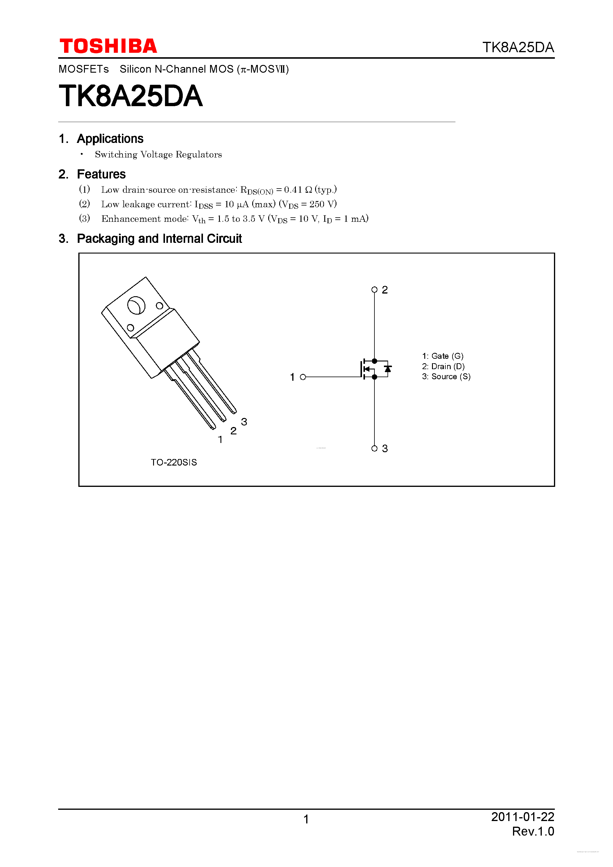 Даташит TK8A25DA - MOSFETs Silicon N-Channel MOS страница 1