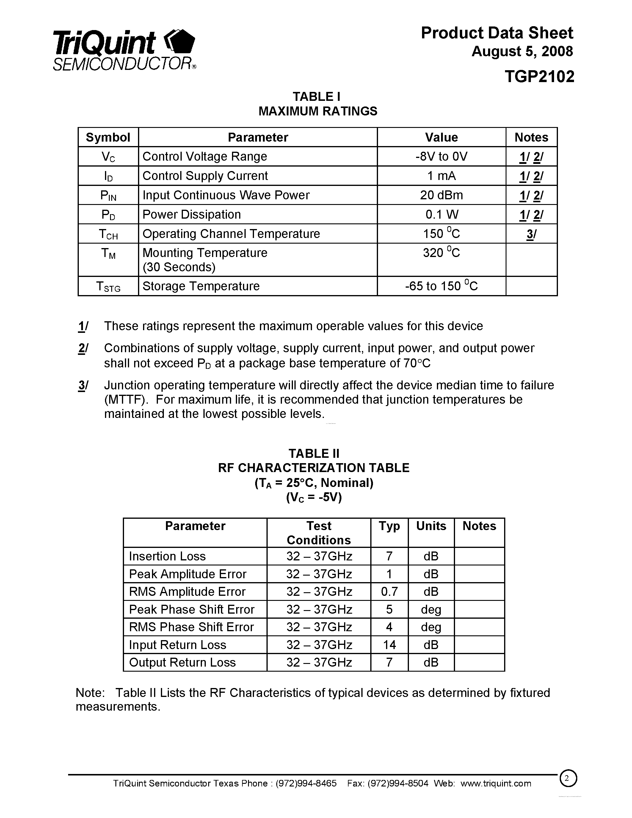 Datasheet TGP2102 - 35 GHz 5-bit Phase Shifter page 2