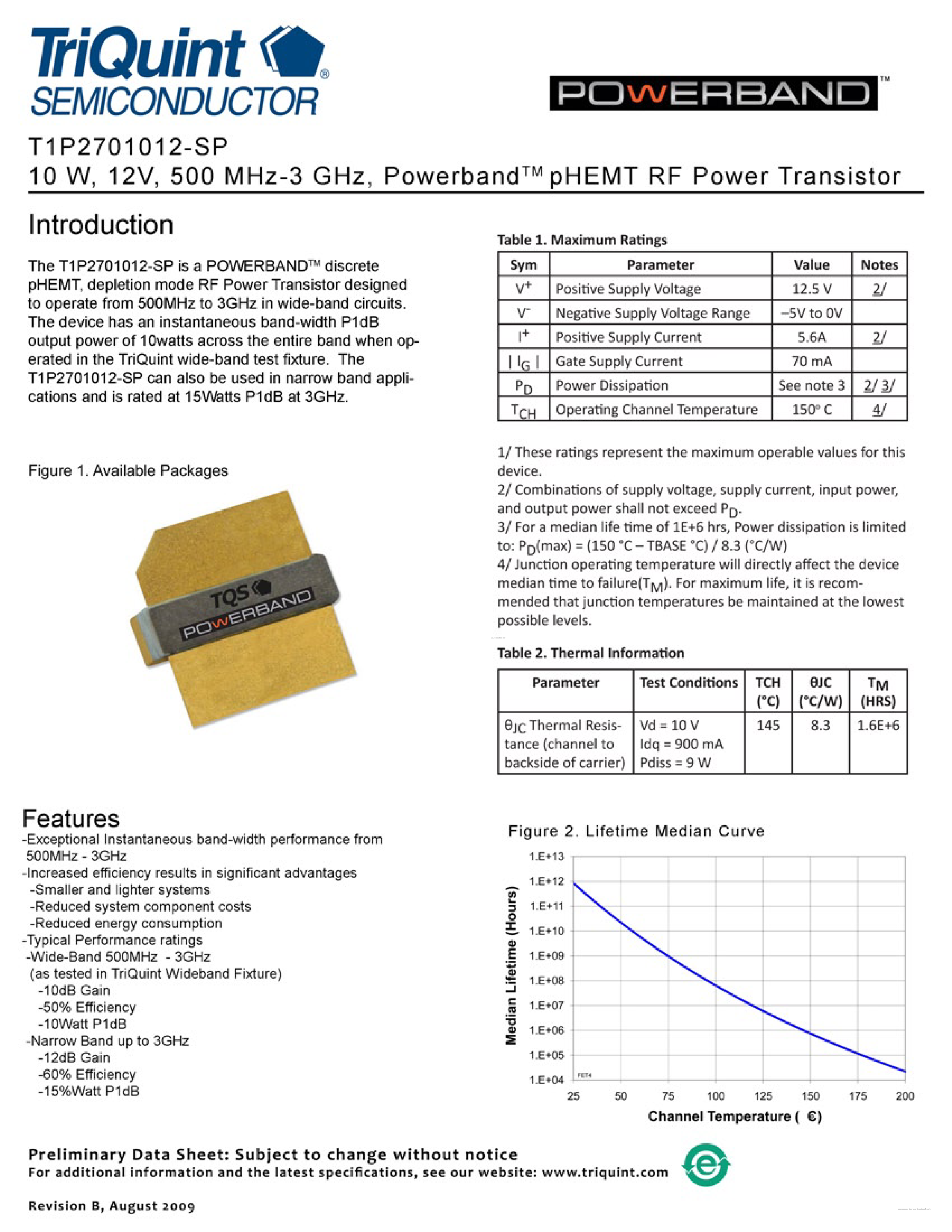 Datasheet T1P2701012-SP - 500 MHz - 3 GHz pHEMT RF Power Transistor page 1