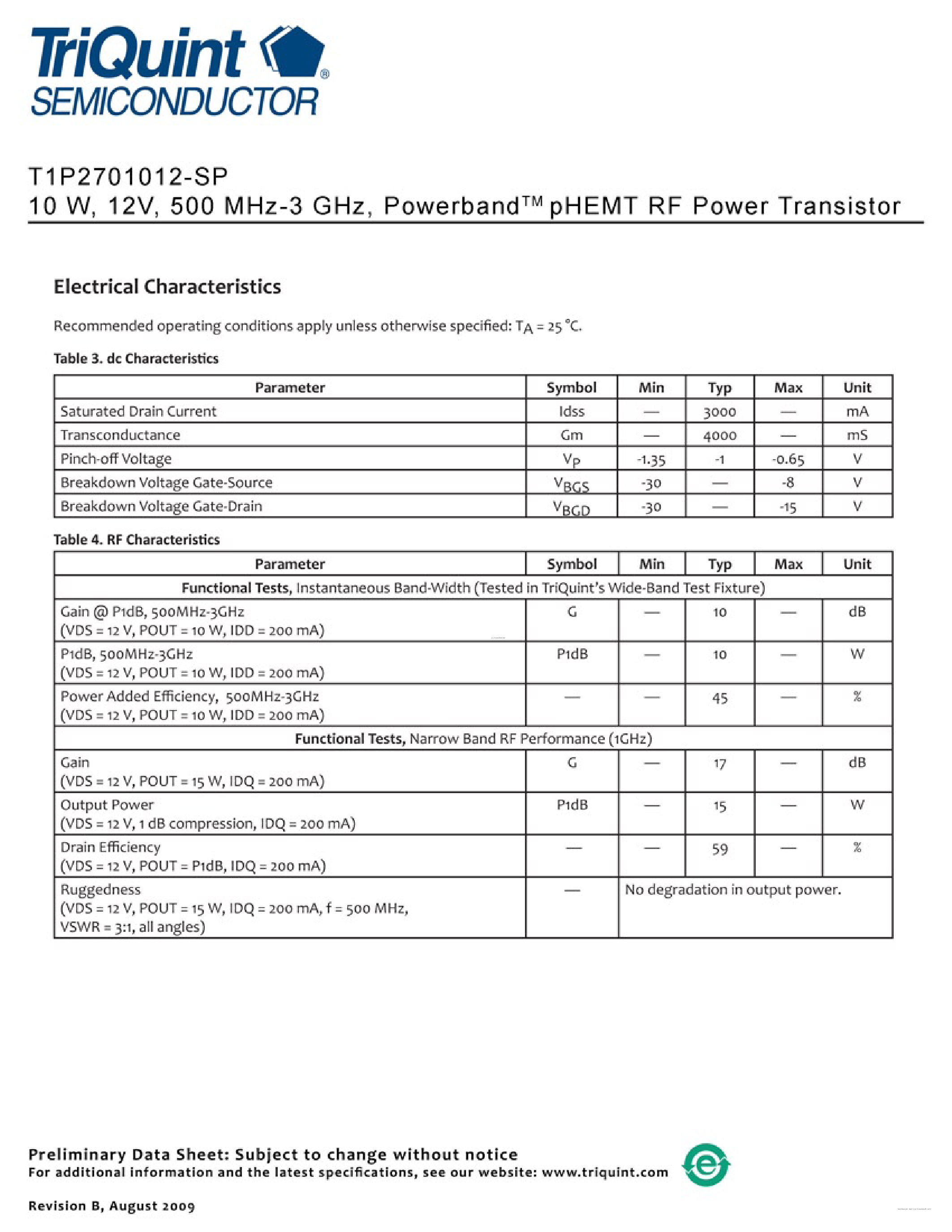 Datasheet T1P2701012-SP - 500 MHz - 3 GHz pHEMT RF Power Transistor page 2