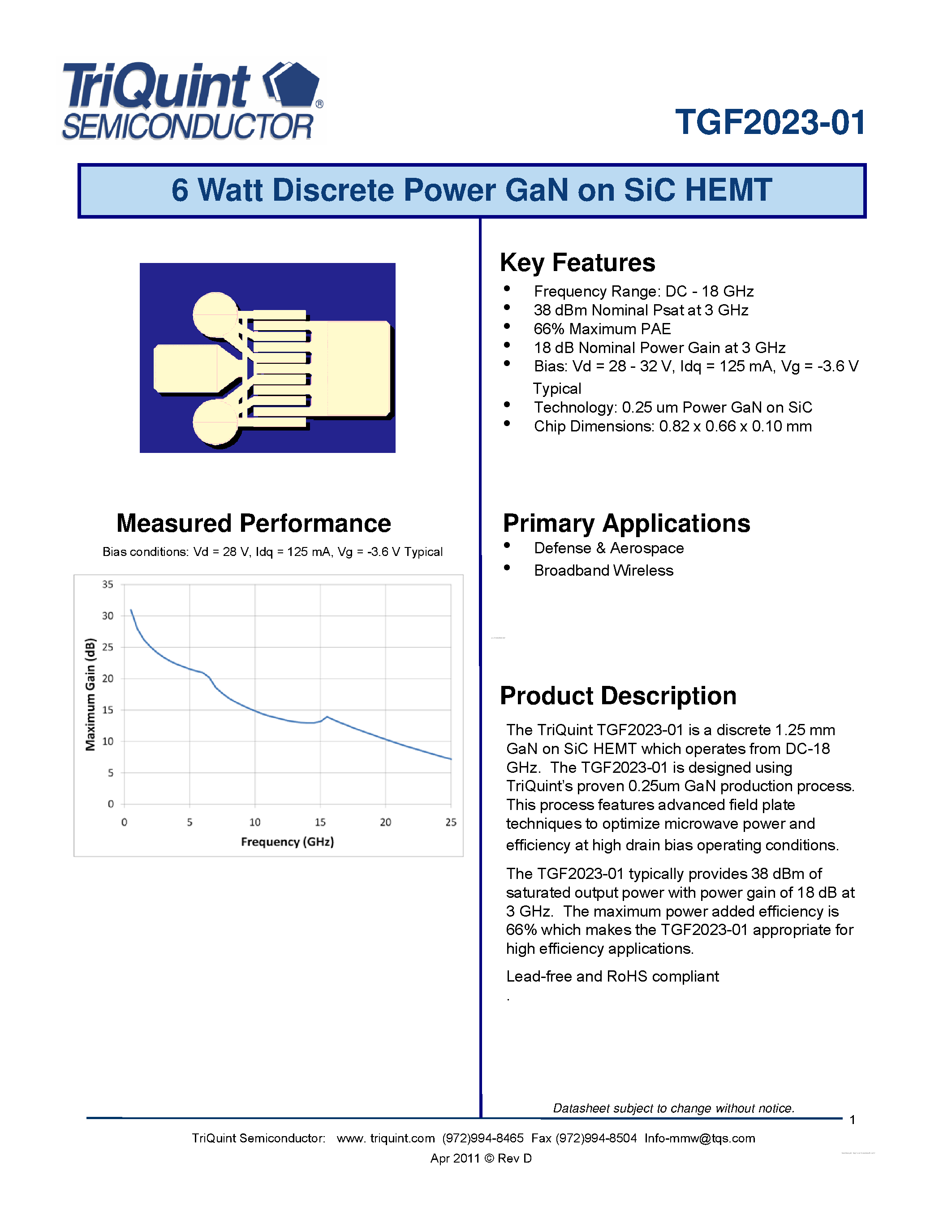 Datasheet TGF2023-01 - 6 Watt Discrete Power GaN on SiC HEMT page 1