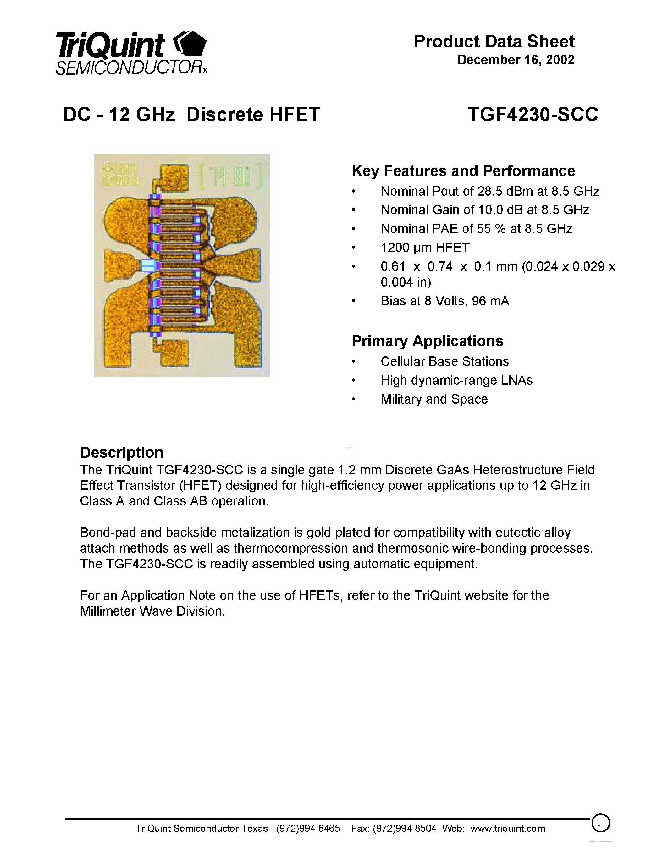 Datasheet TGF4230-SCC - 1.2 mm HFET page 1