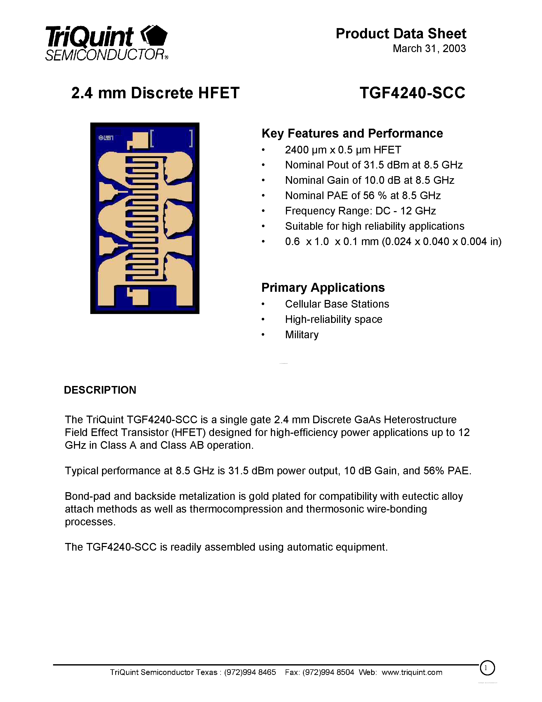 Datasheet TGF4240-SCC - 2.4 mm HFET page 1