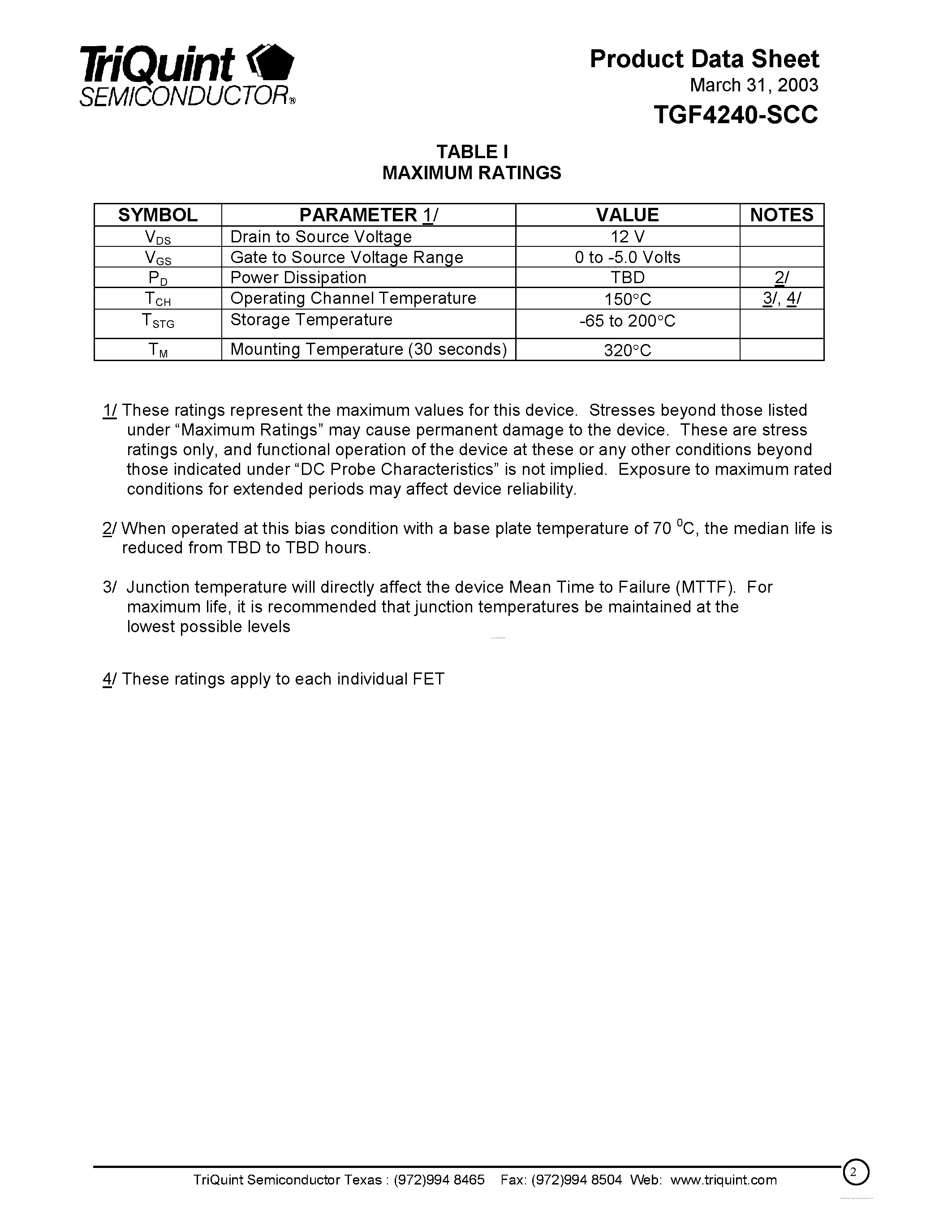 Datasheet TGF4240-SCC - 2.4 mm HFET page 2