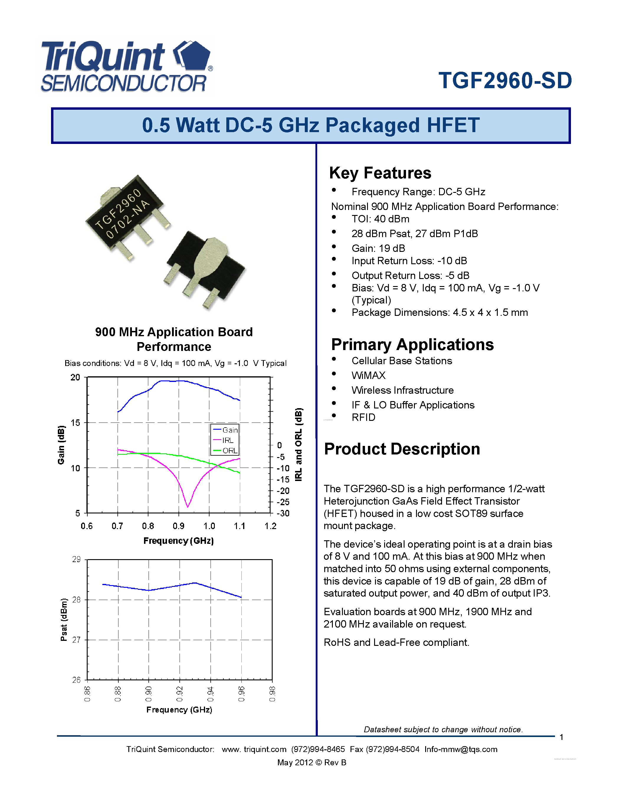 Datasheet TGF2960-SD - 0.5 Watt GaAs HFET page 1