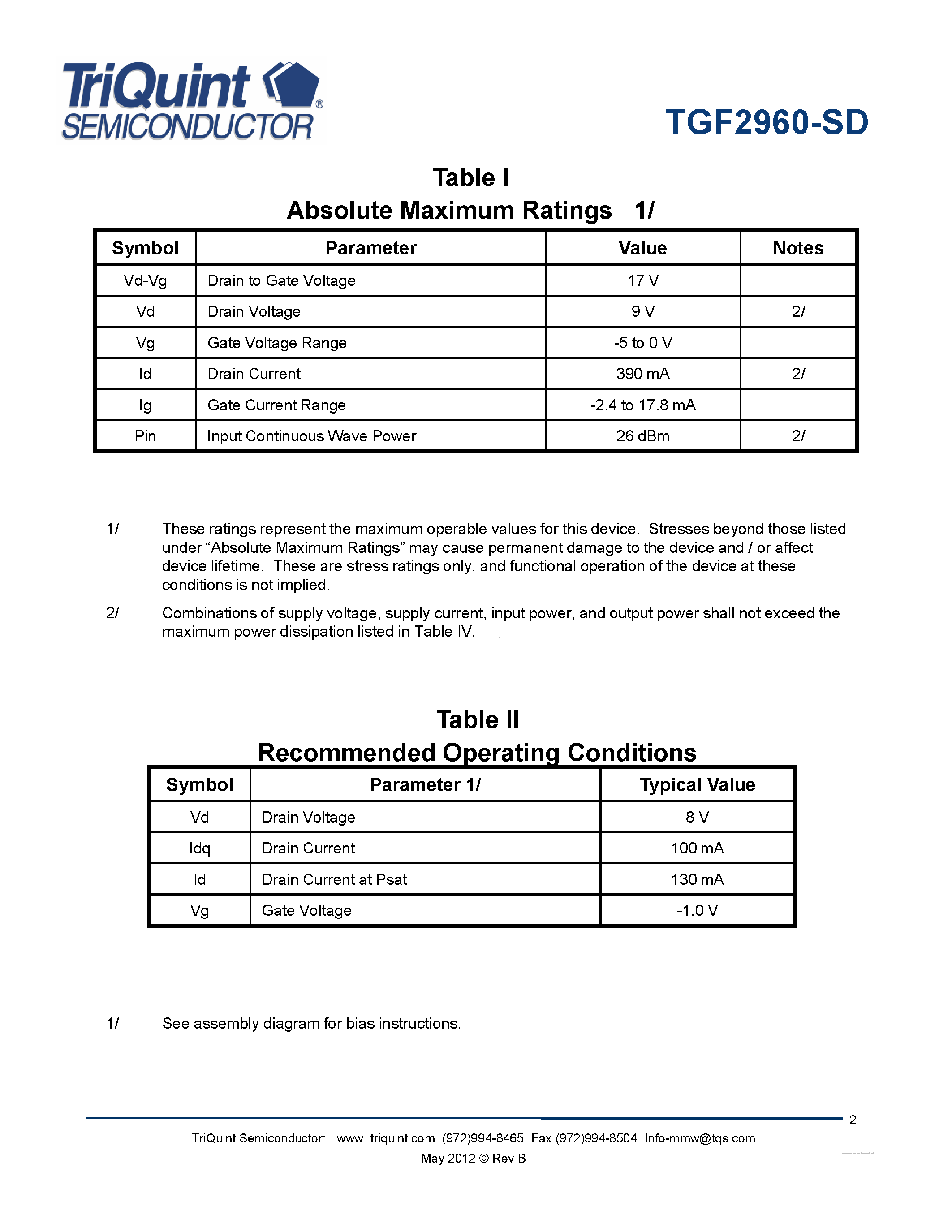 Datasheet TGF2960-SD - 0.5 Watt GaAs HFET page 2