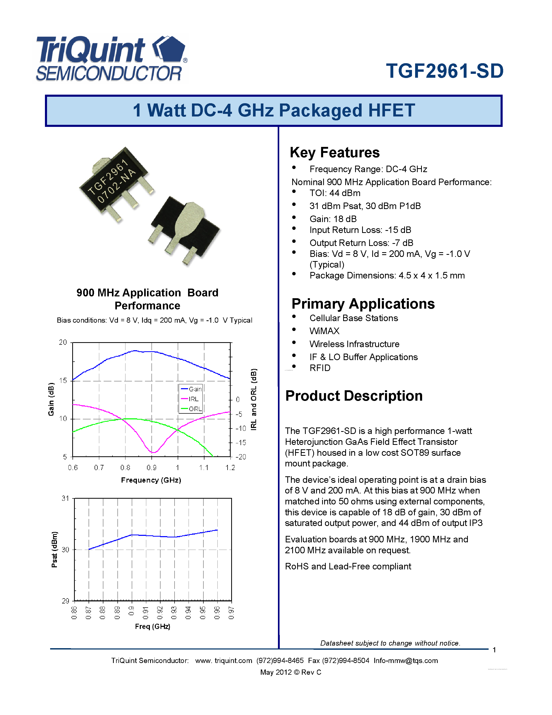Datasheet TGF2961-SD - 1 Watt GaAs HFET page 1