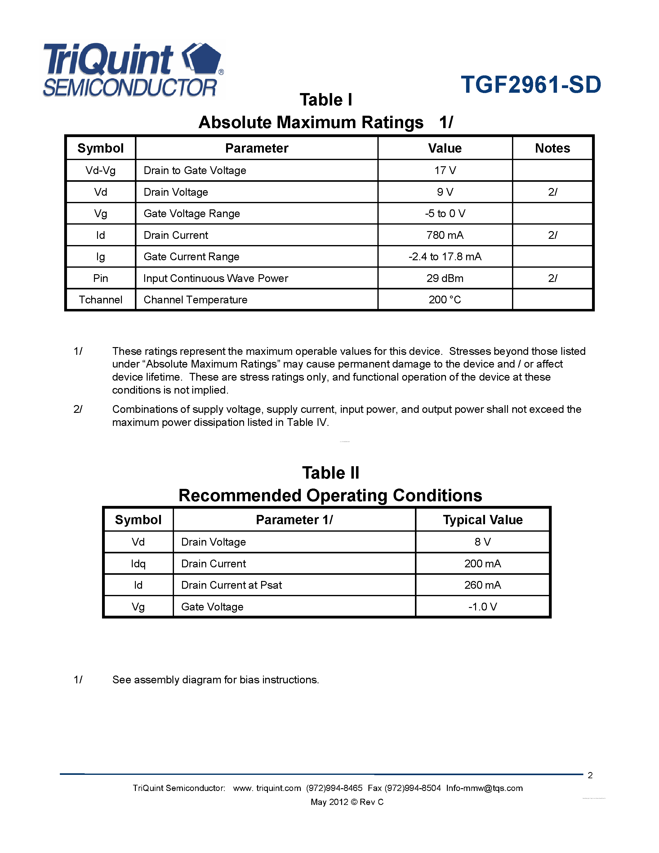 Datasheet TGF2961-SD - 1 Watt GaAs HFET page 2