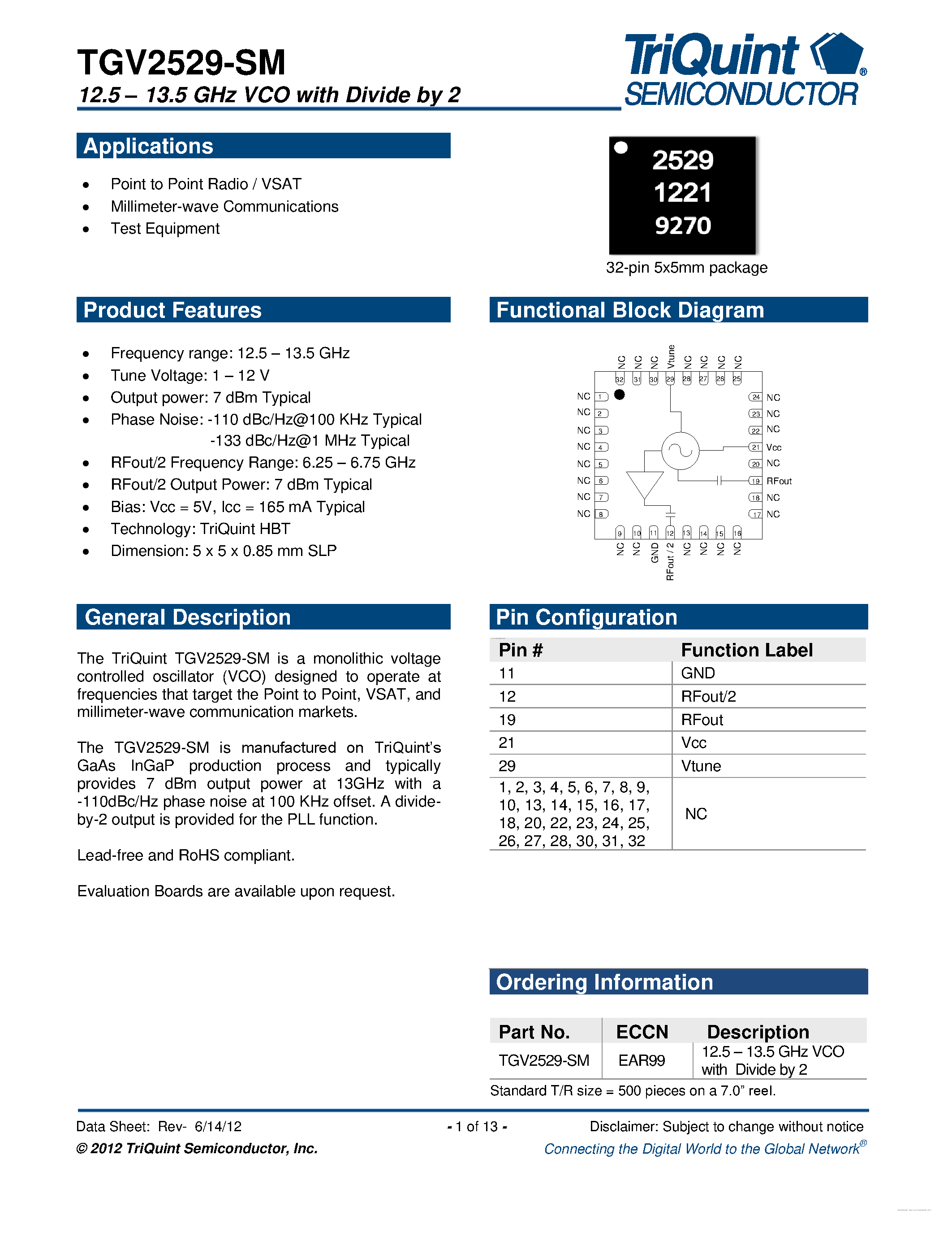 Datasheet TGV2529-SM page 1 Datasheet TGV2529-SM - 12.5 - 13.5 GHz VCO with Divide by 2 page 1