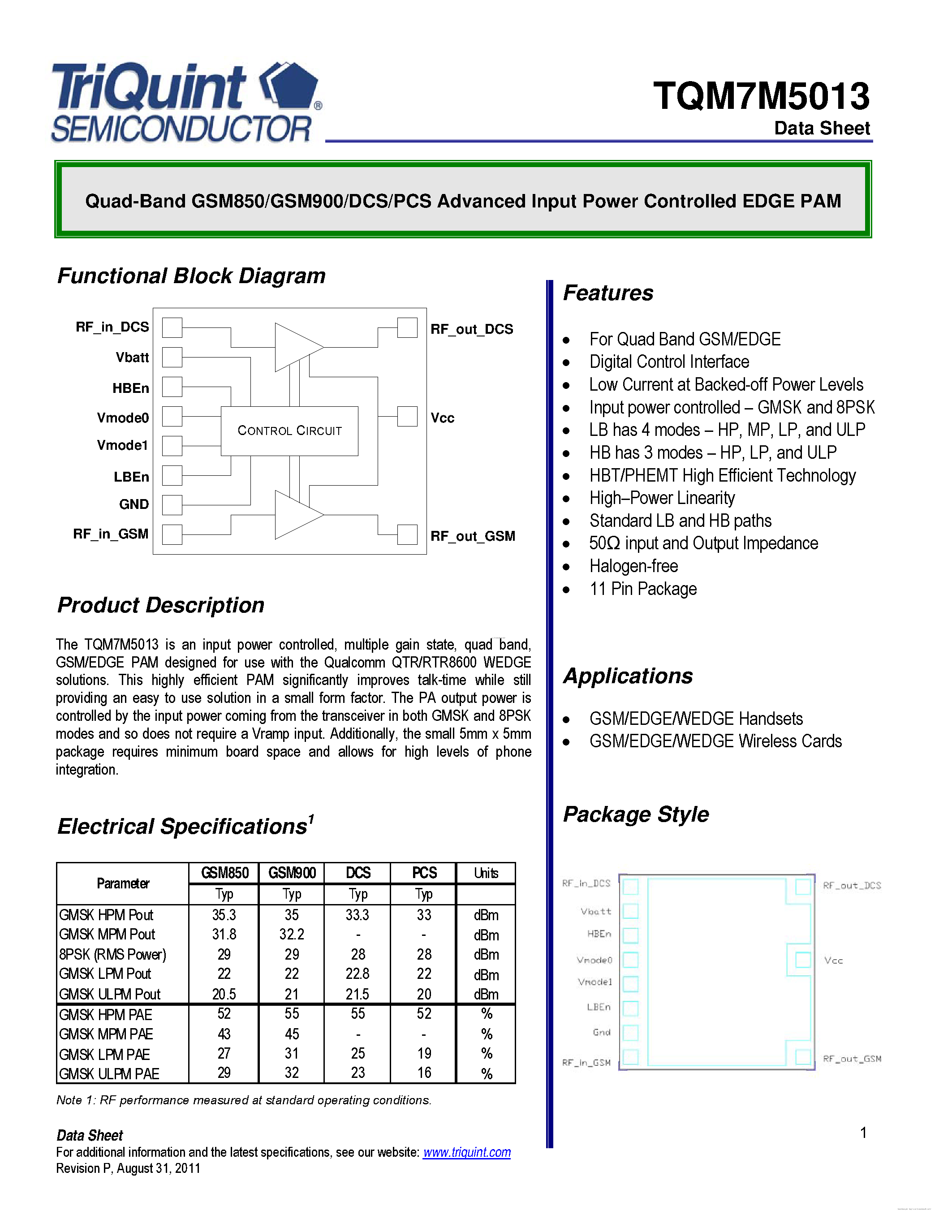 Даташит на микросхему TQM7M5013 страница 1 Даташит TQM7M5013 - Quad-Band GSM / GPRS / EDGE-Linear Power Amplifier Module страница 1