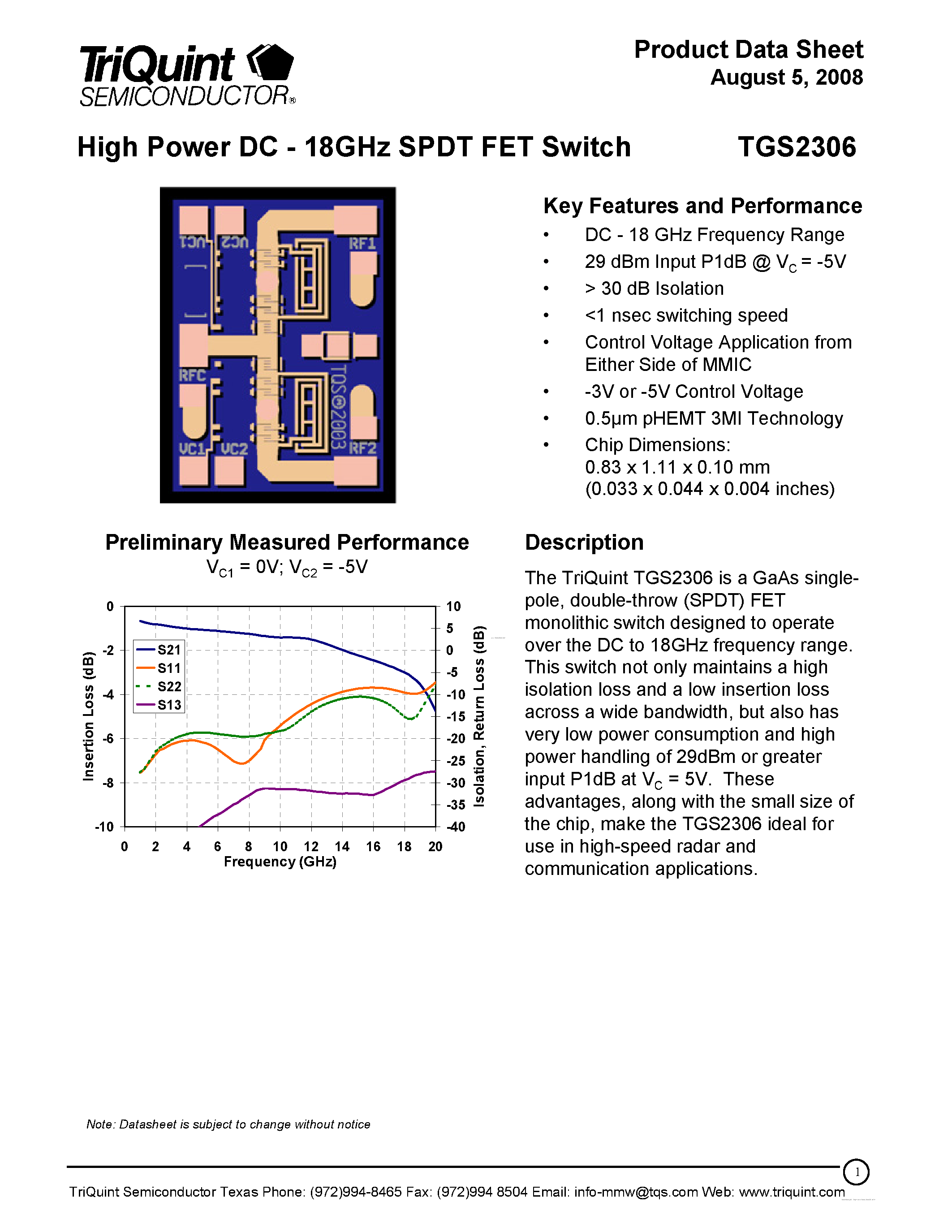 Datasheet TGS2306 - High Power DC - 18 GHz SPDT FET Switch page 1