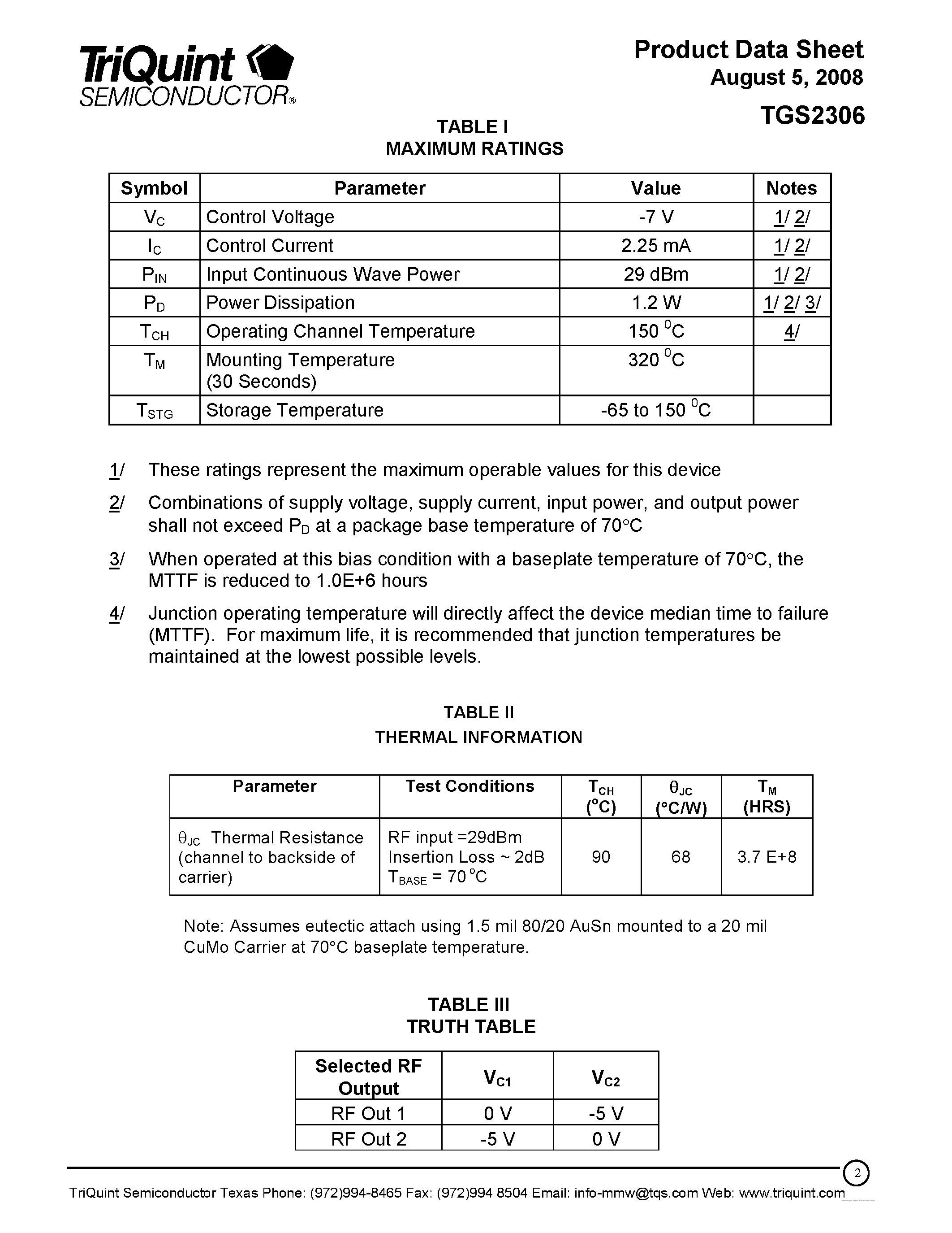 Datasheet TGS2306 - High Power DC - 18 GHz SPDT FET Switch page 2